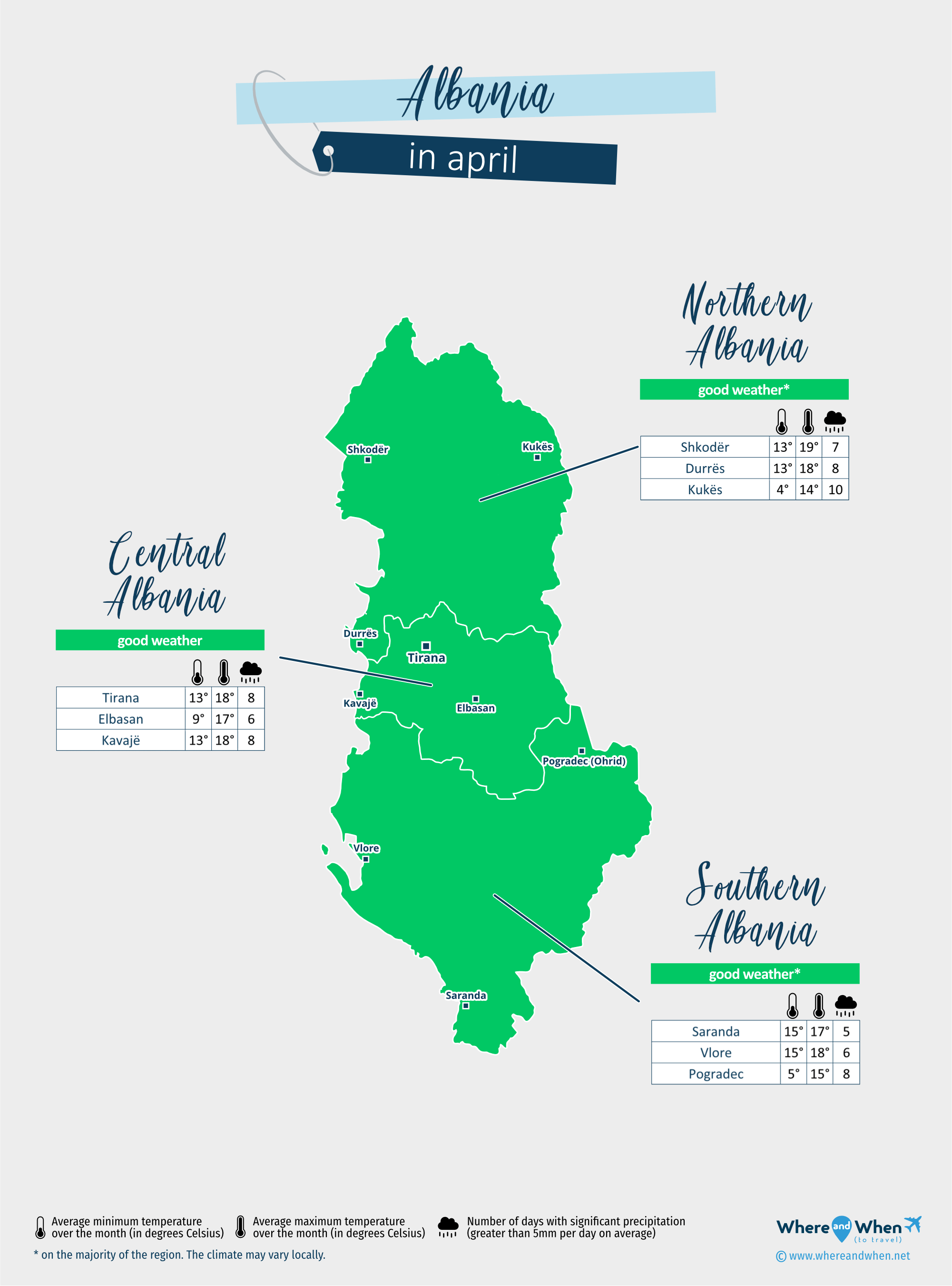Albania: weather map in april in different regions