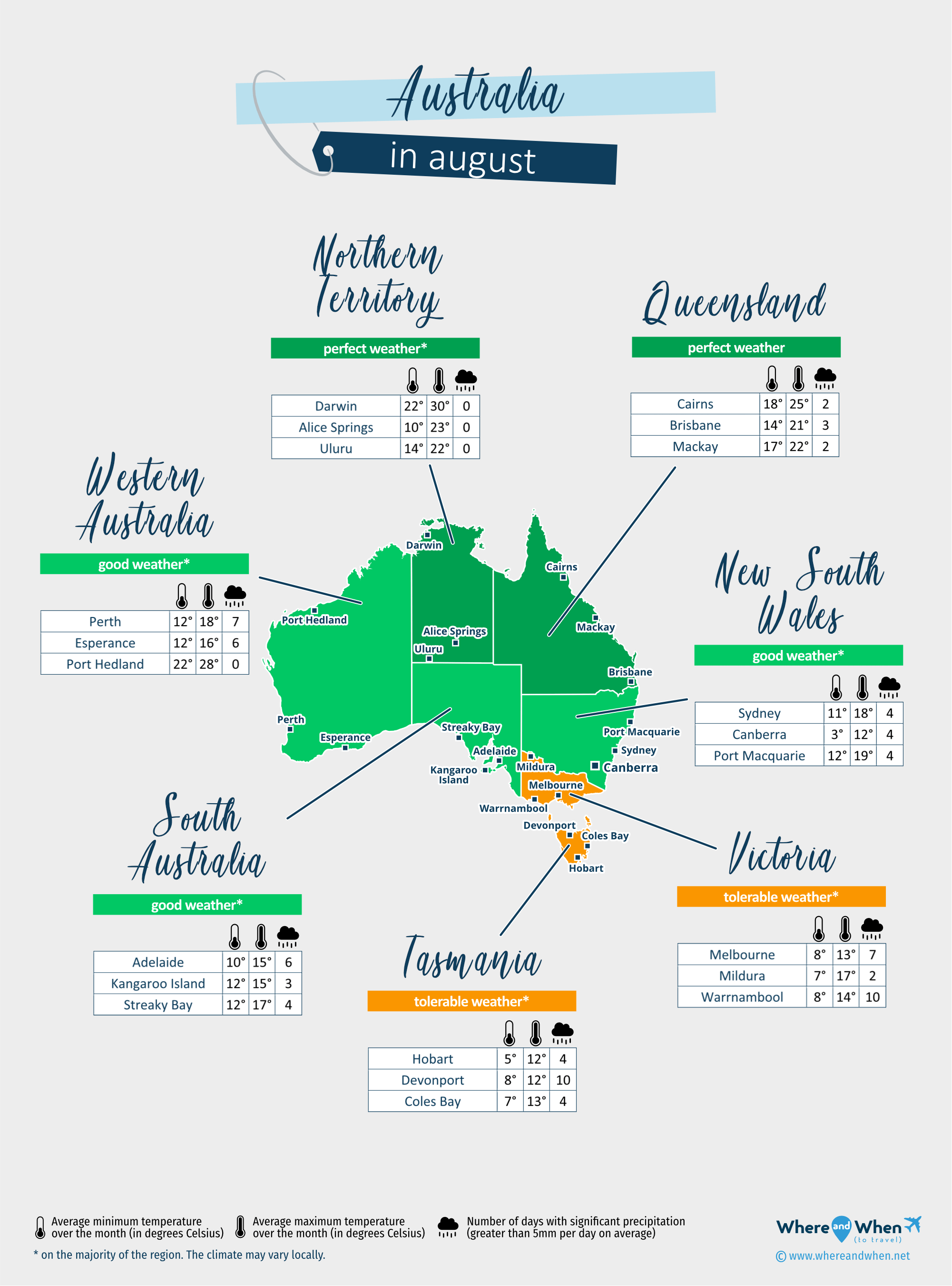 Australia: weather map in august in different regions