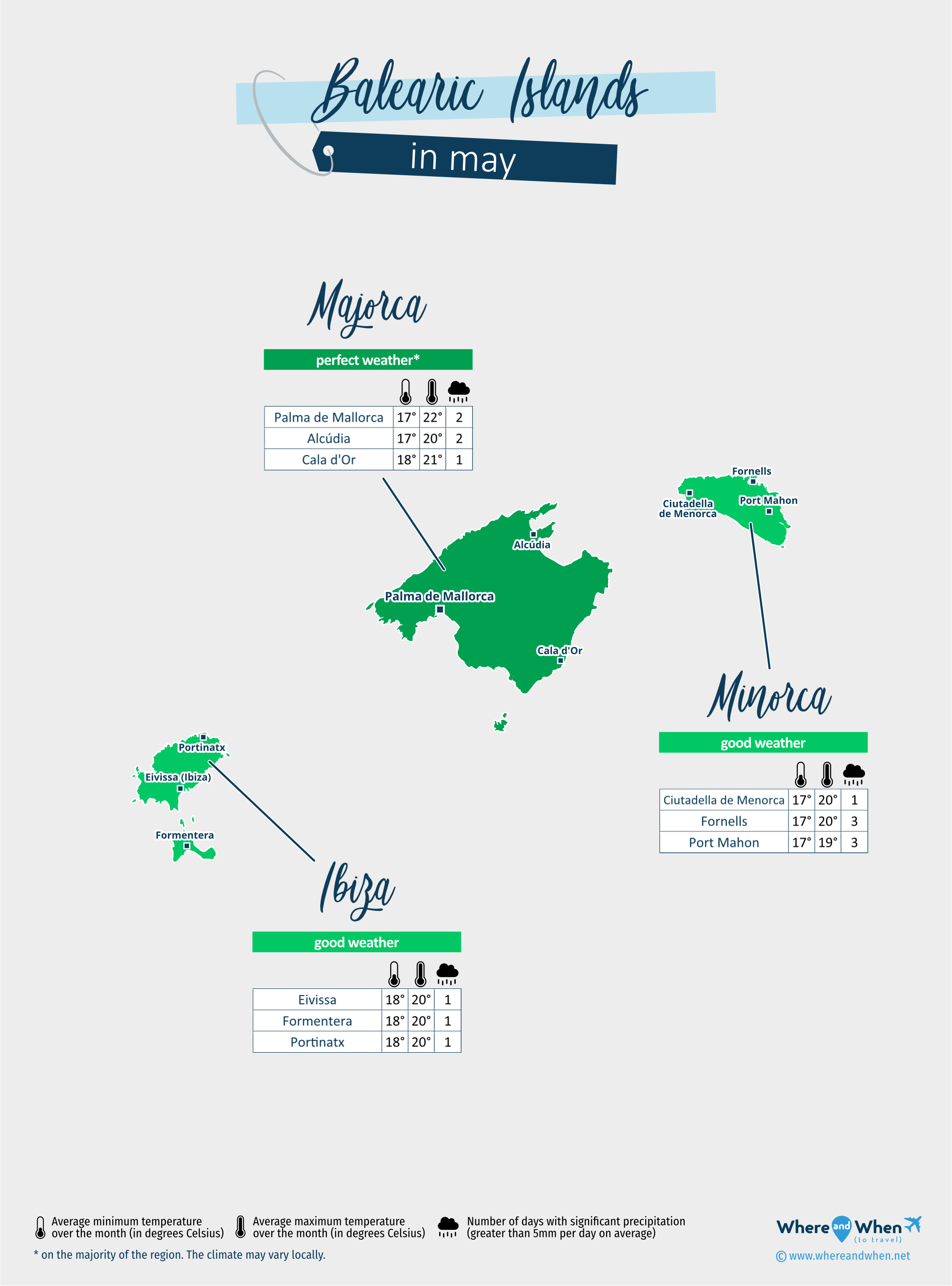 Balearic Islands: weather map in may in different regions
