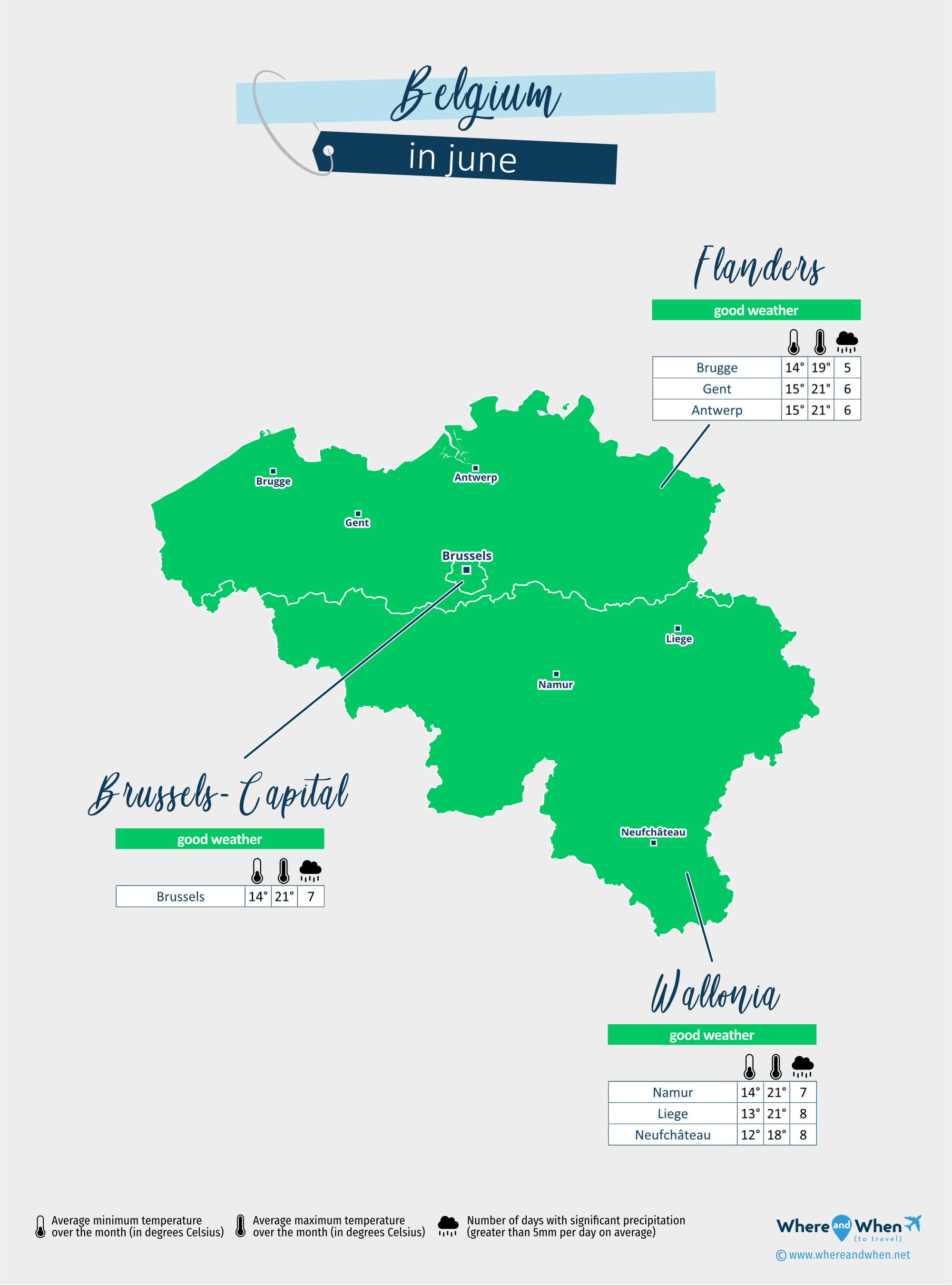 Belgium: weather map in june in different regions
