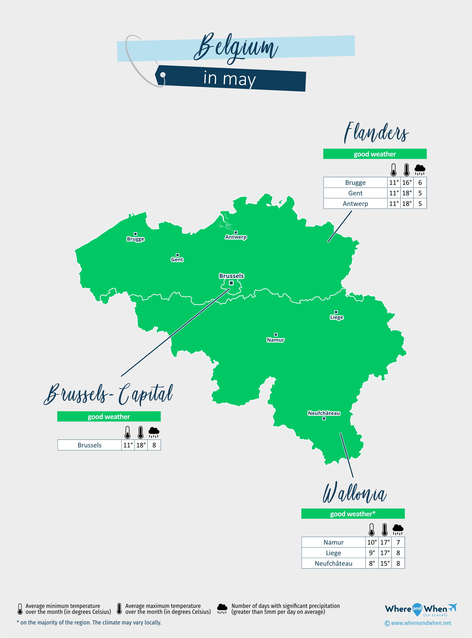 Belgium: weather map in may in different regions