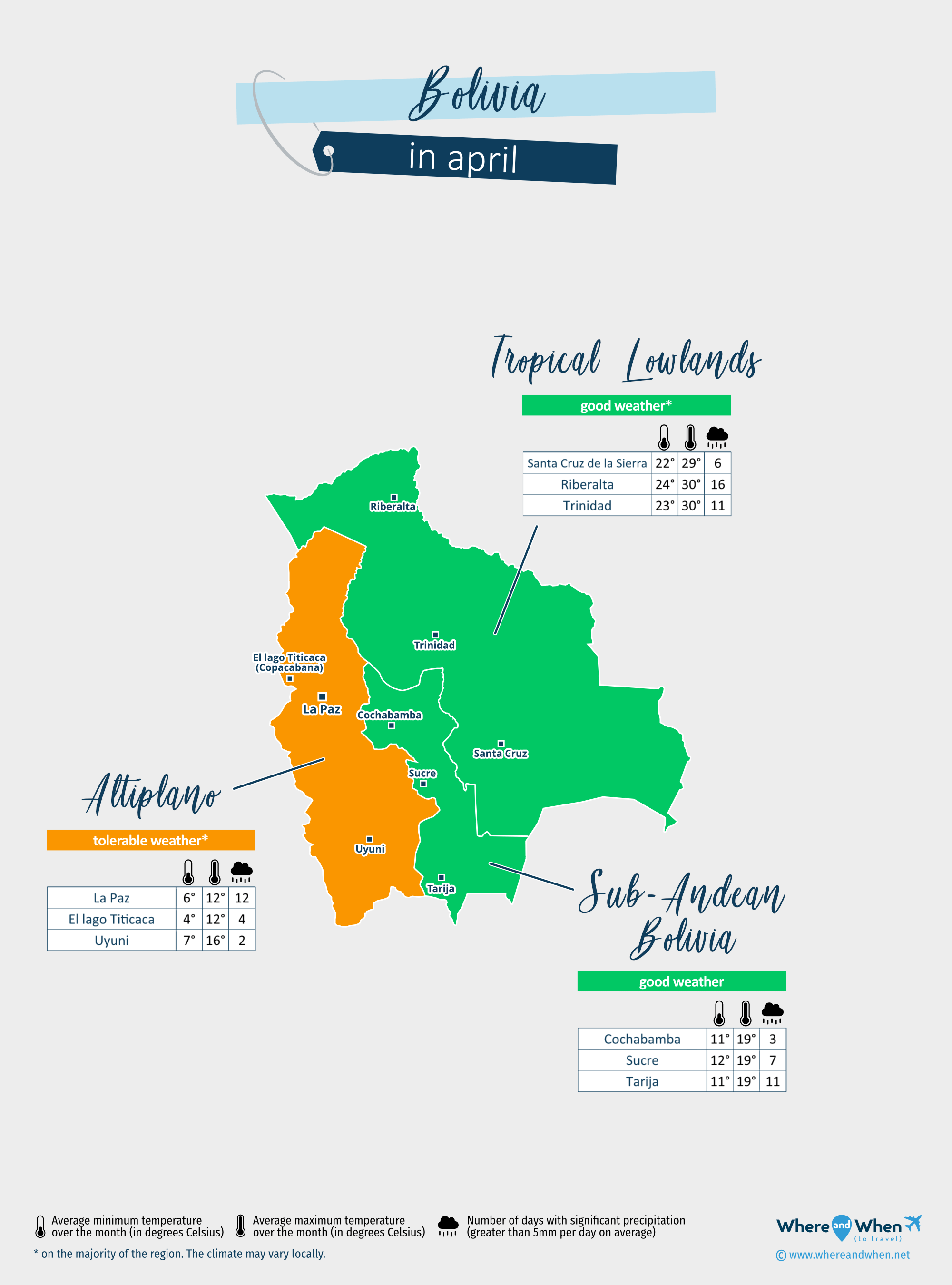 Bolivia: weather map in april in different regions