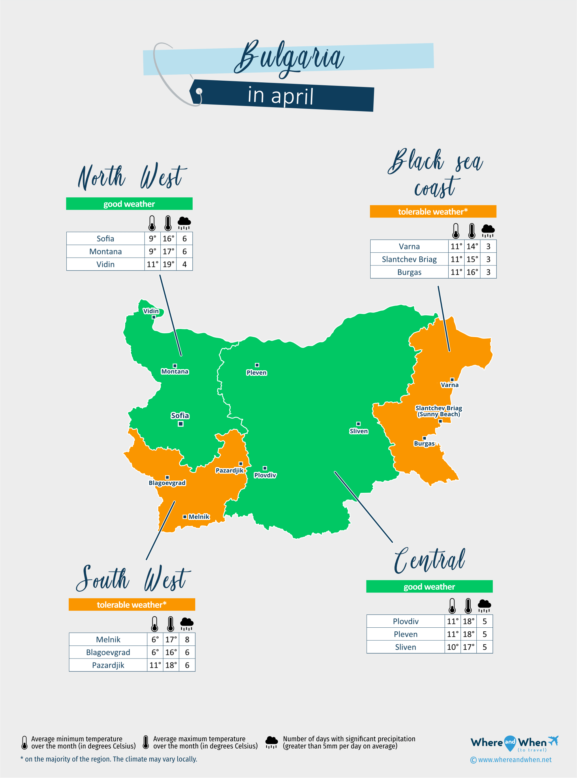 Bulgaria: weather map in april in different regions