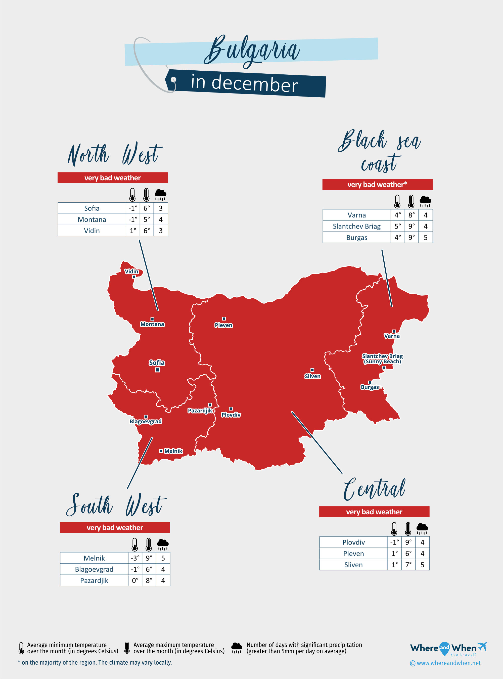 Bulgaria: weather map in december in different regions