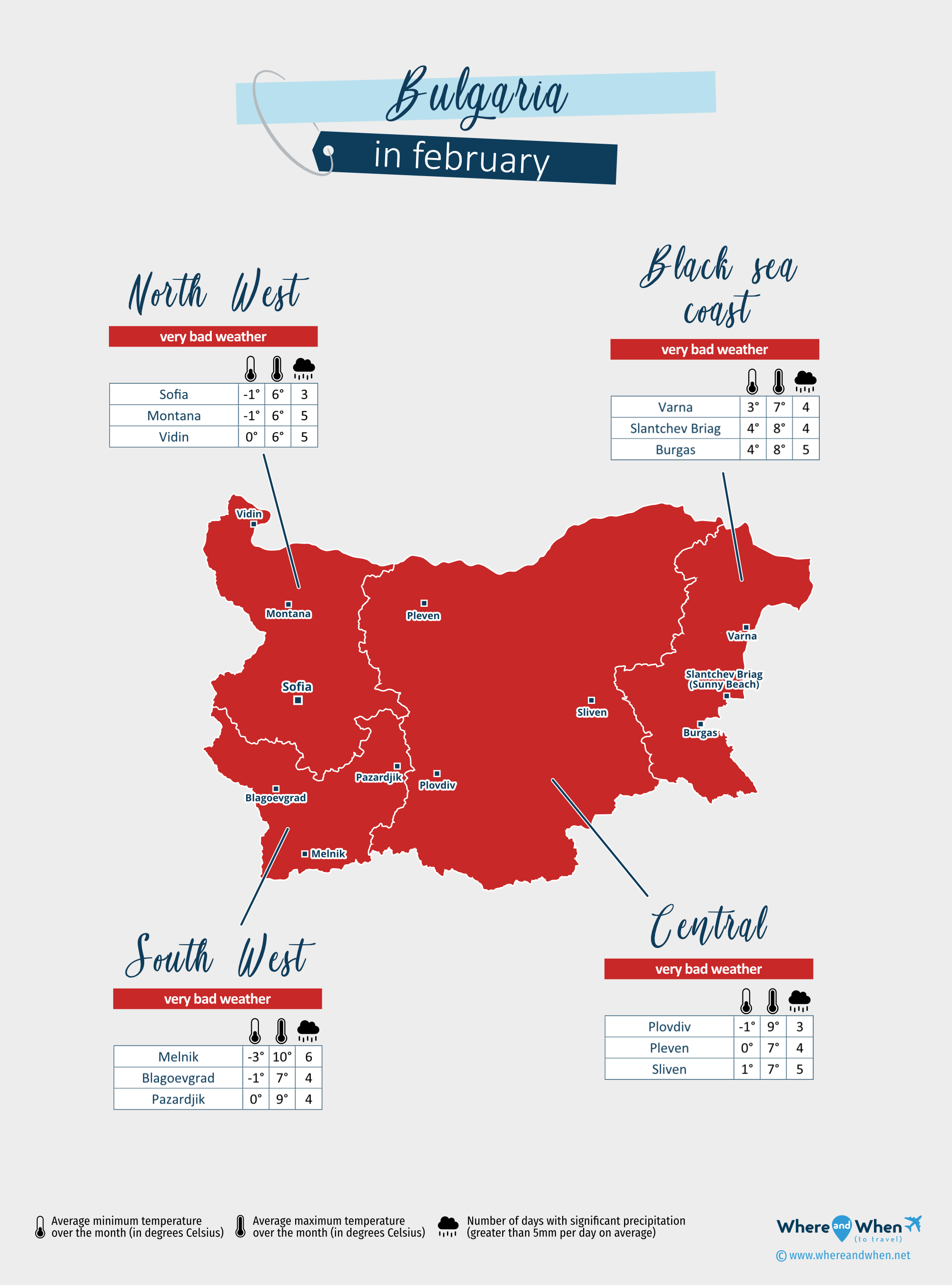 Bulgaria: weather map in february in different regions