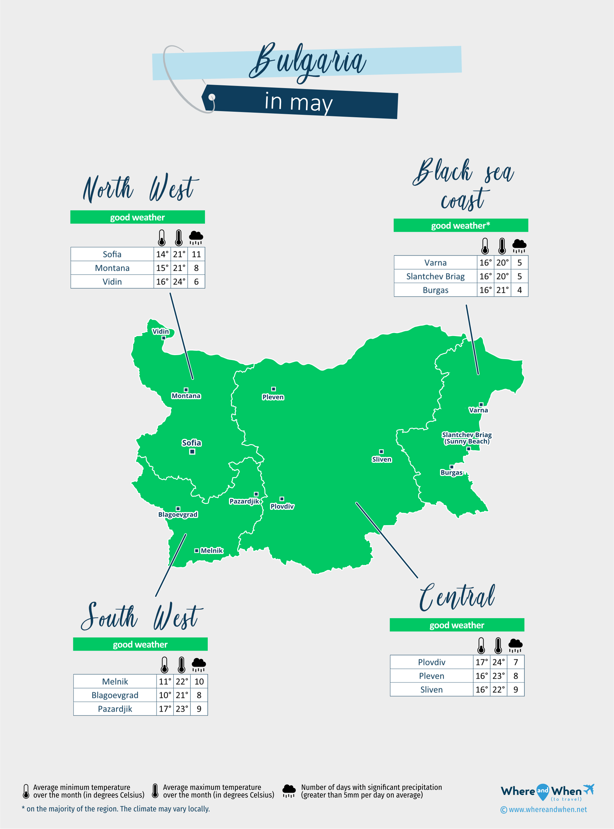 Bulgaria: weather map in may in different regions