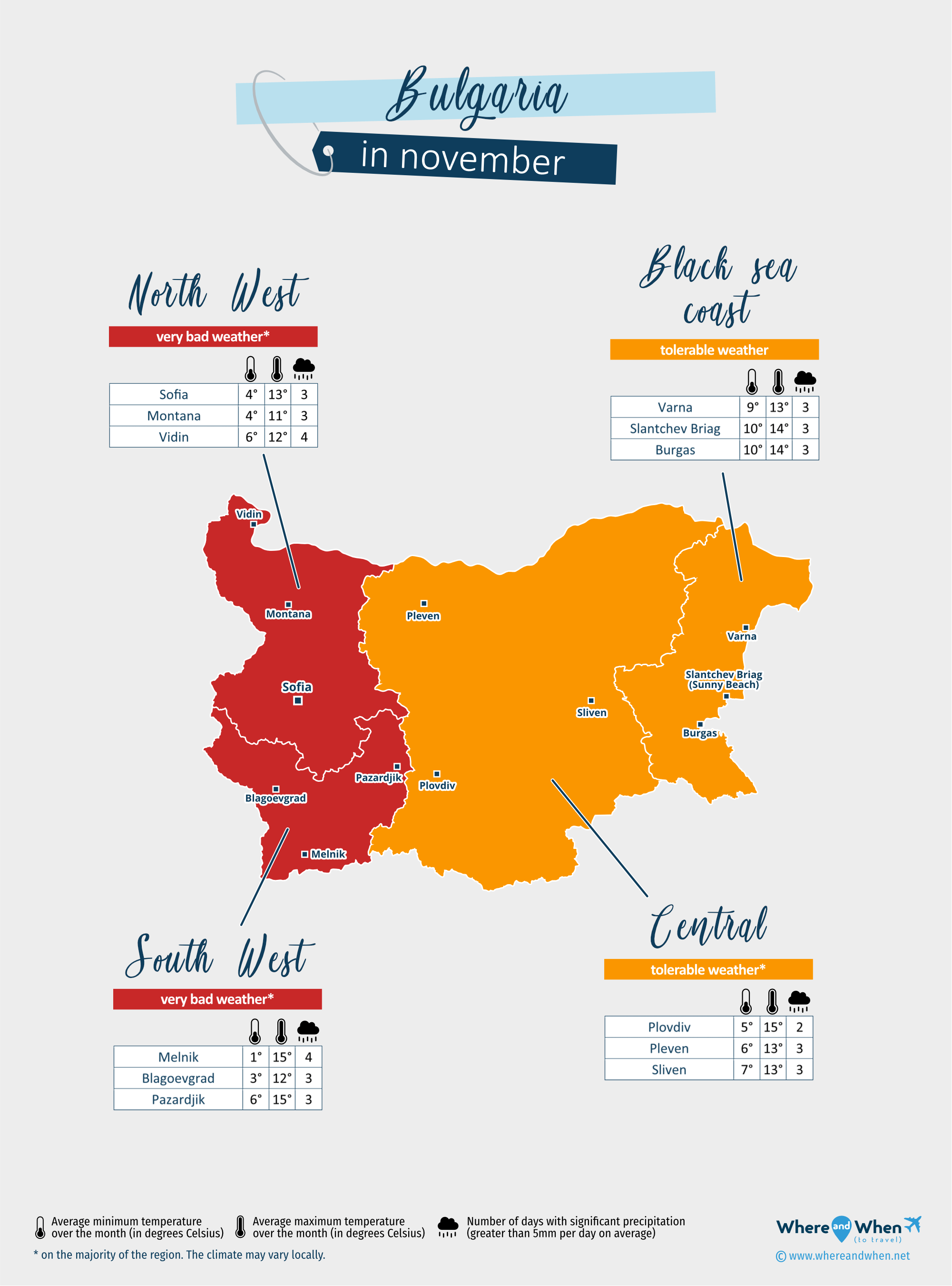 Bulgaria: weather map in november in different regions