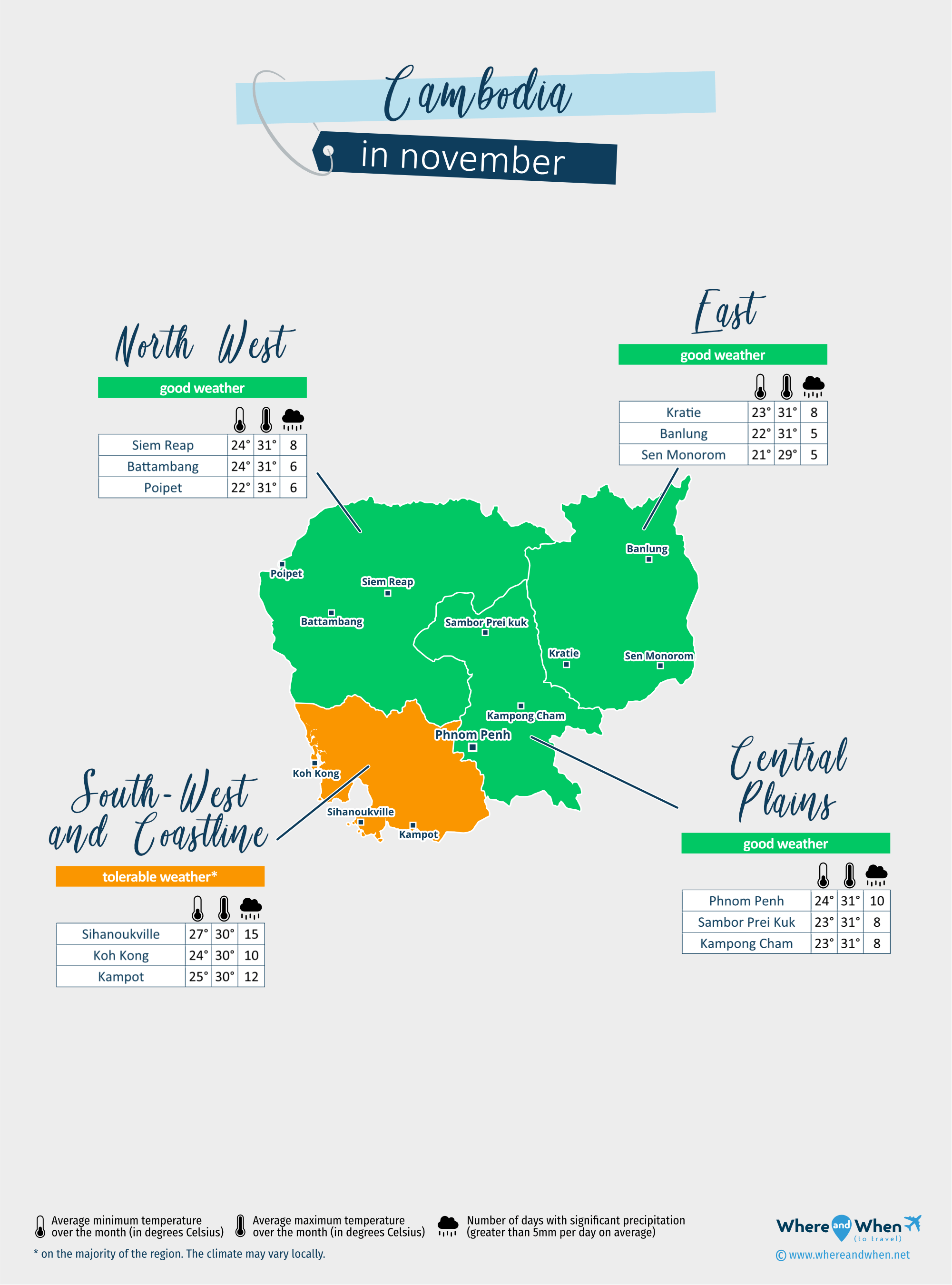 Cambodia: weather map in november in different regions