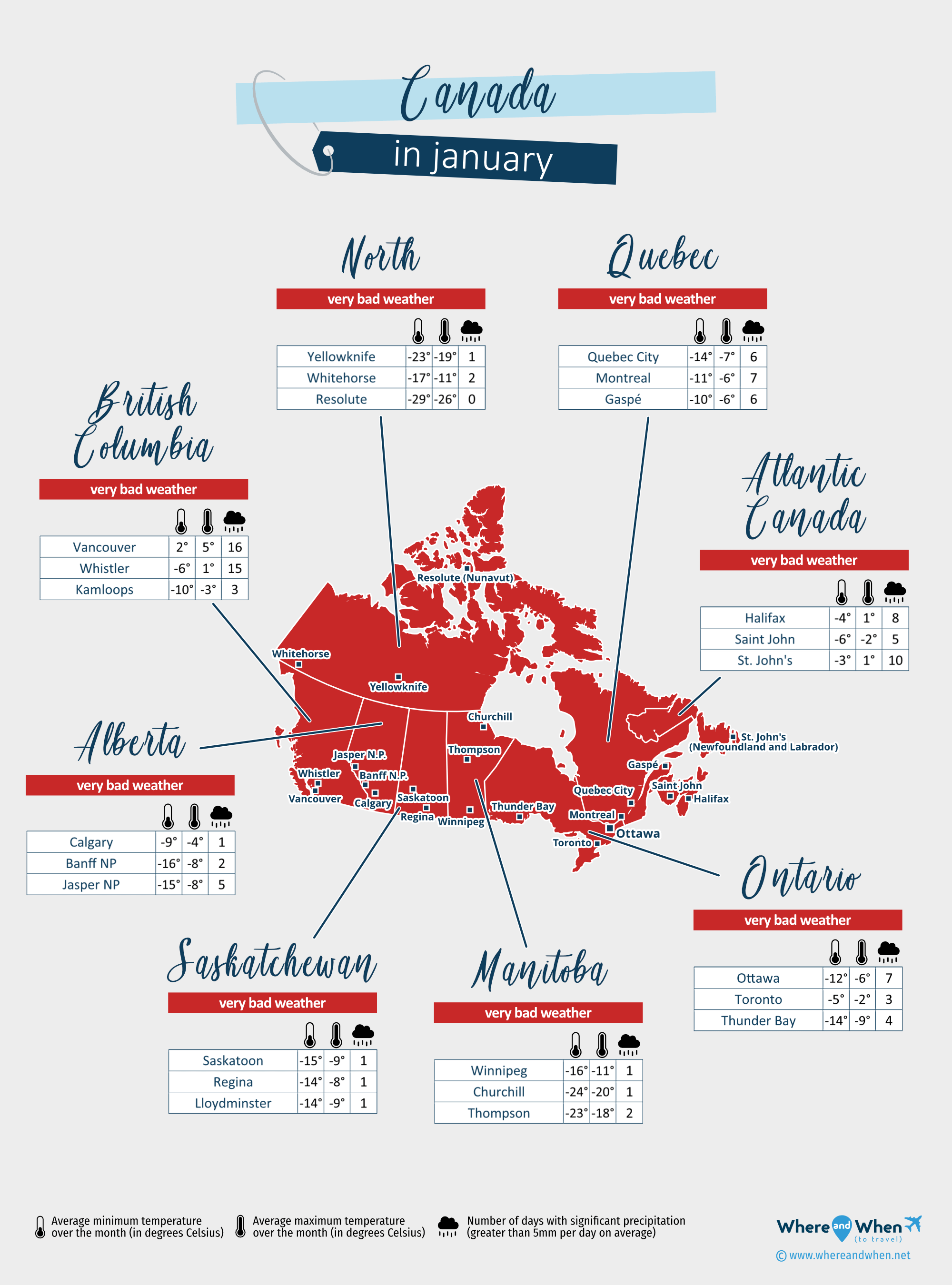 Canada: weather map in january in different regions