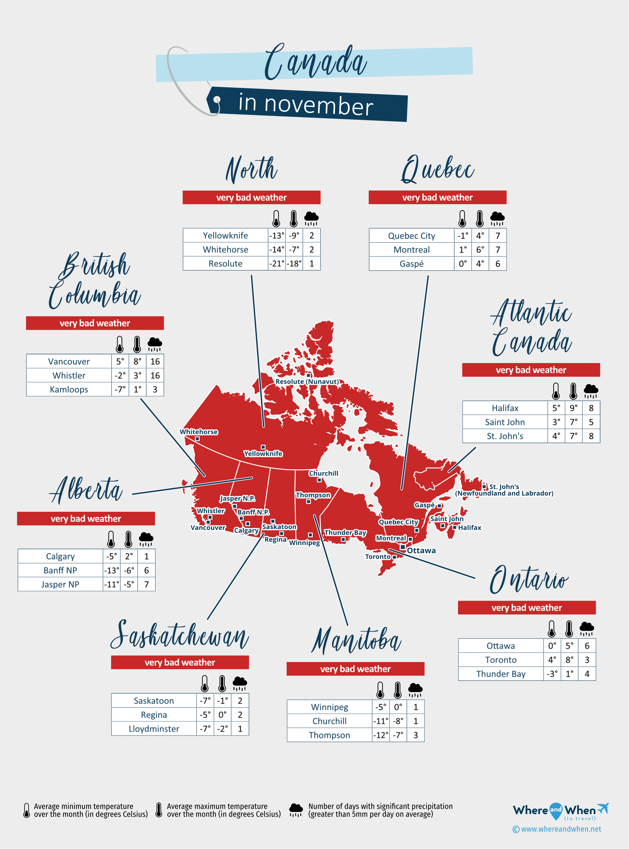 Canada: weather map in november in different regions