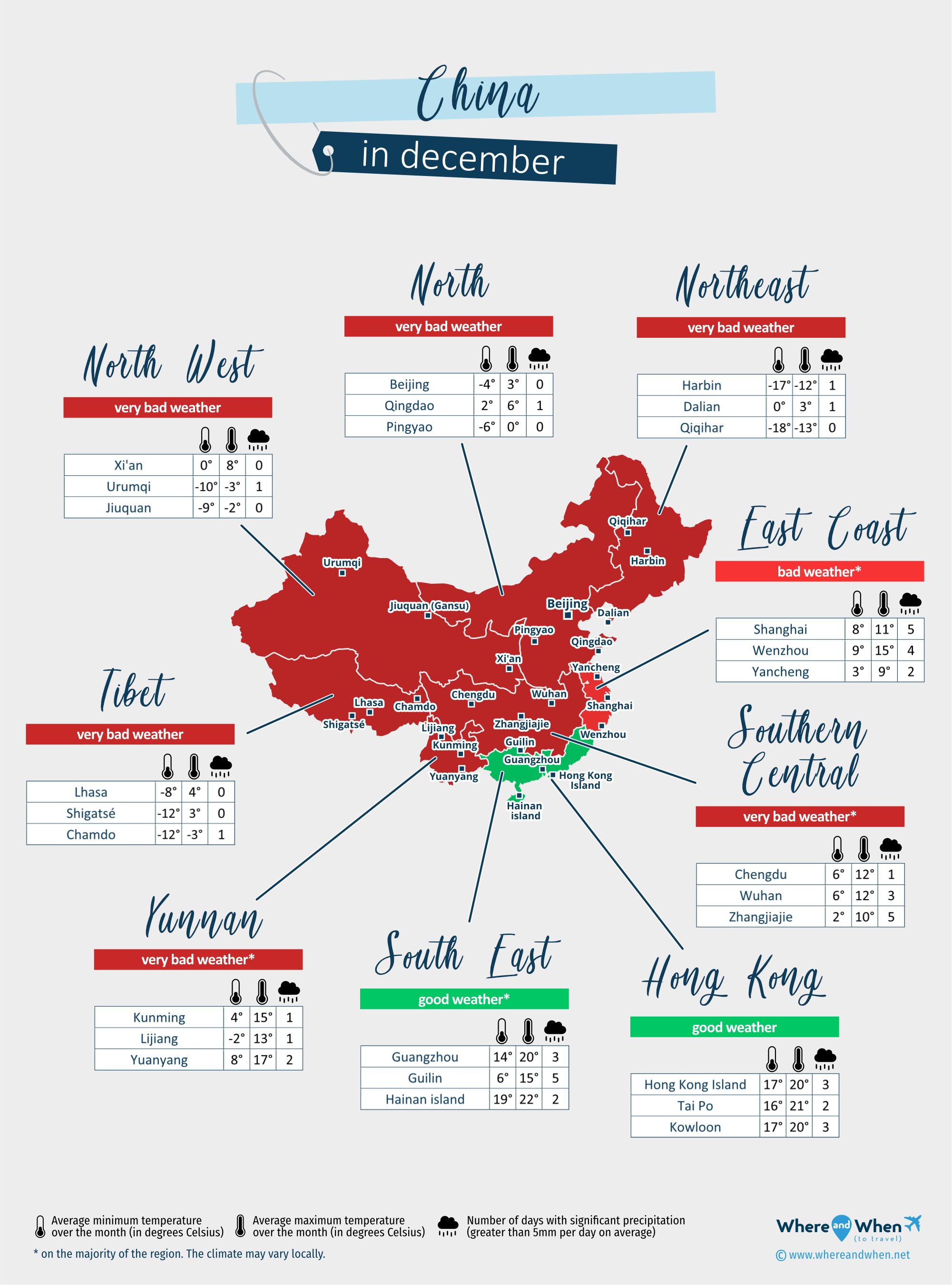 China: weather map in december in different regions
