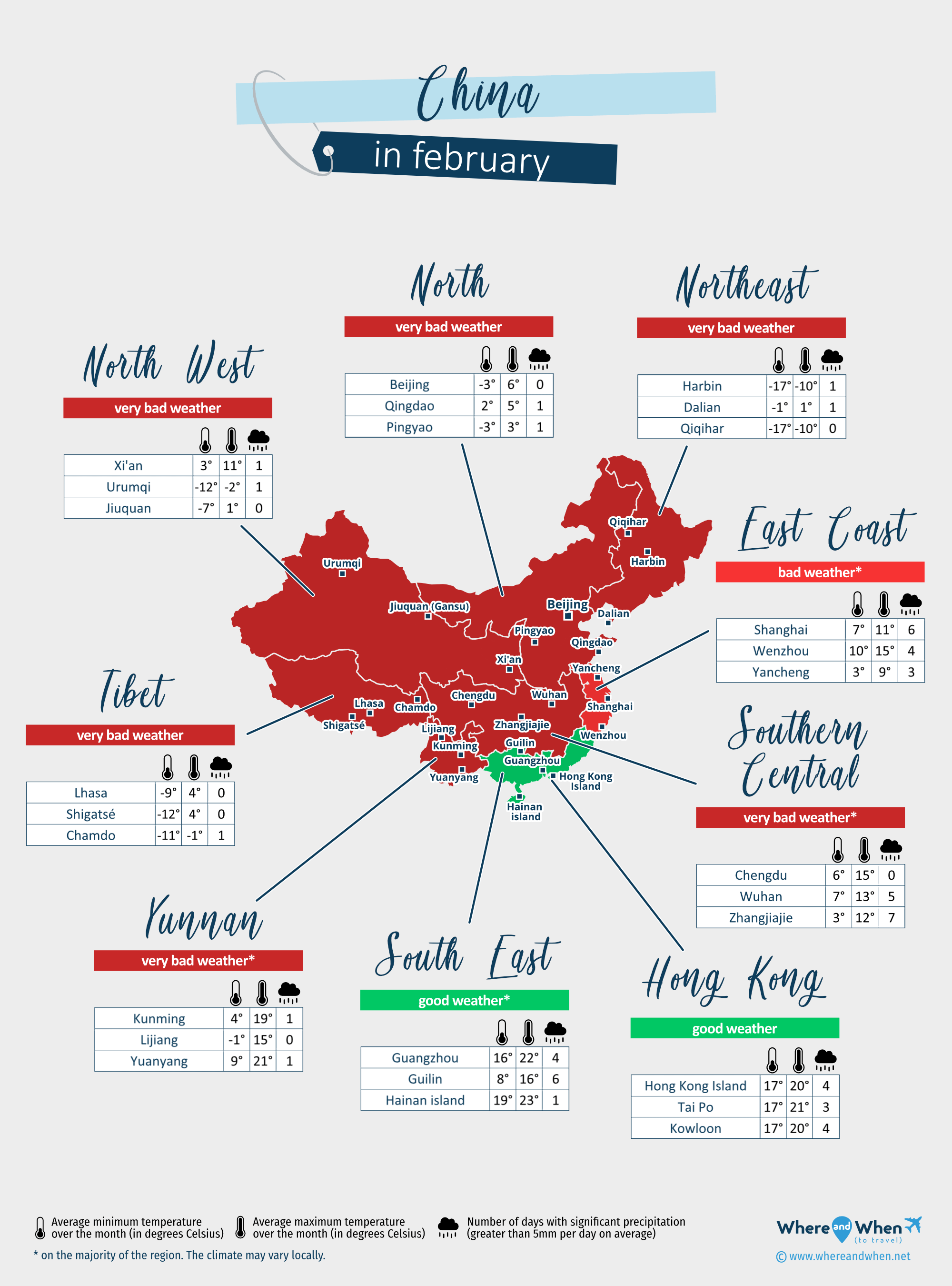 China: weather map in february in different regions