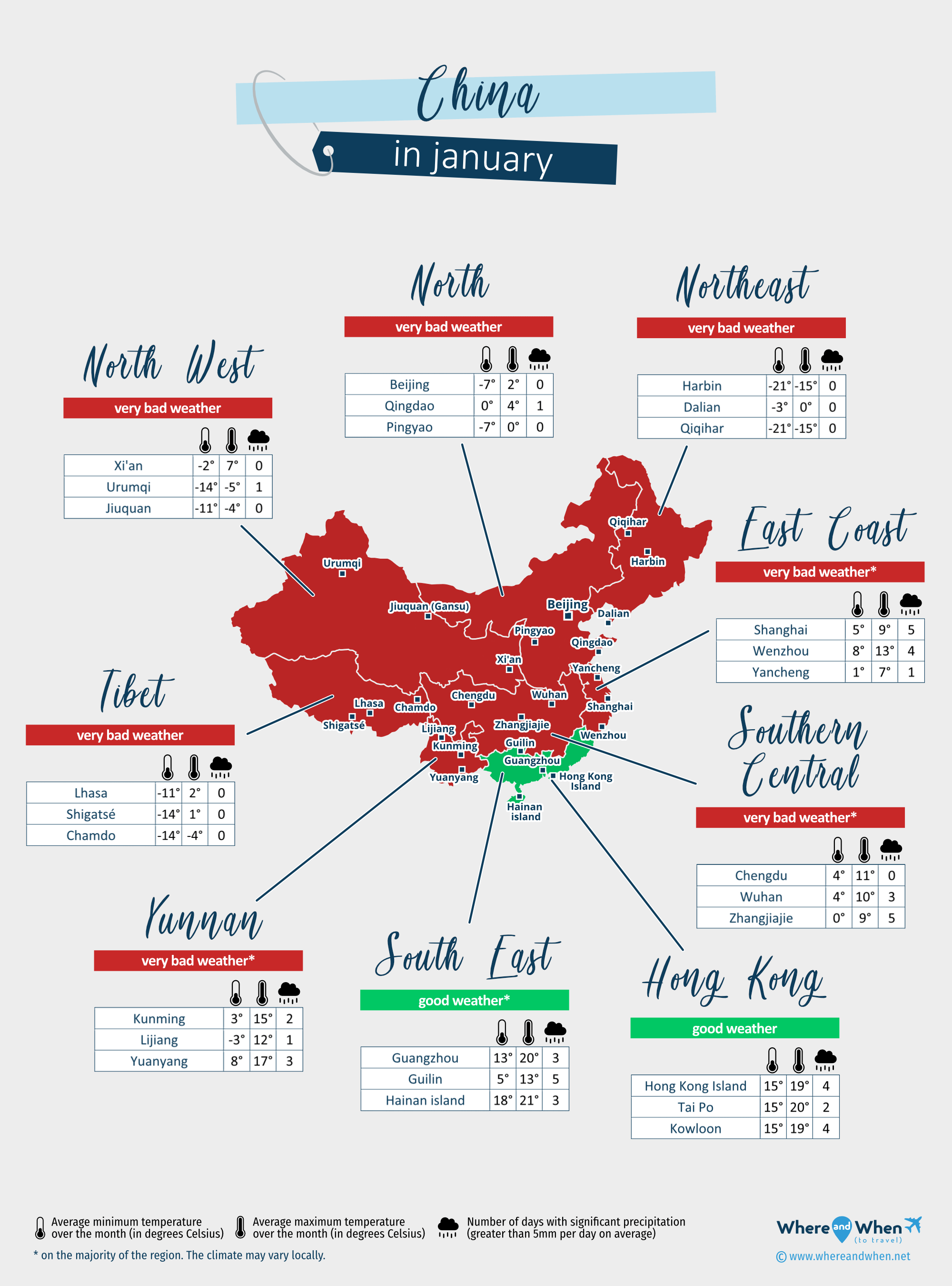 China: weather map in january in different regions