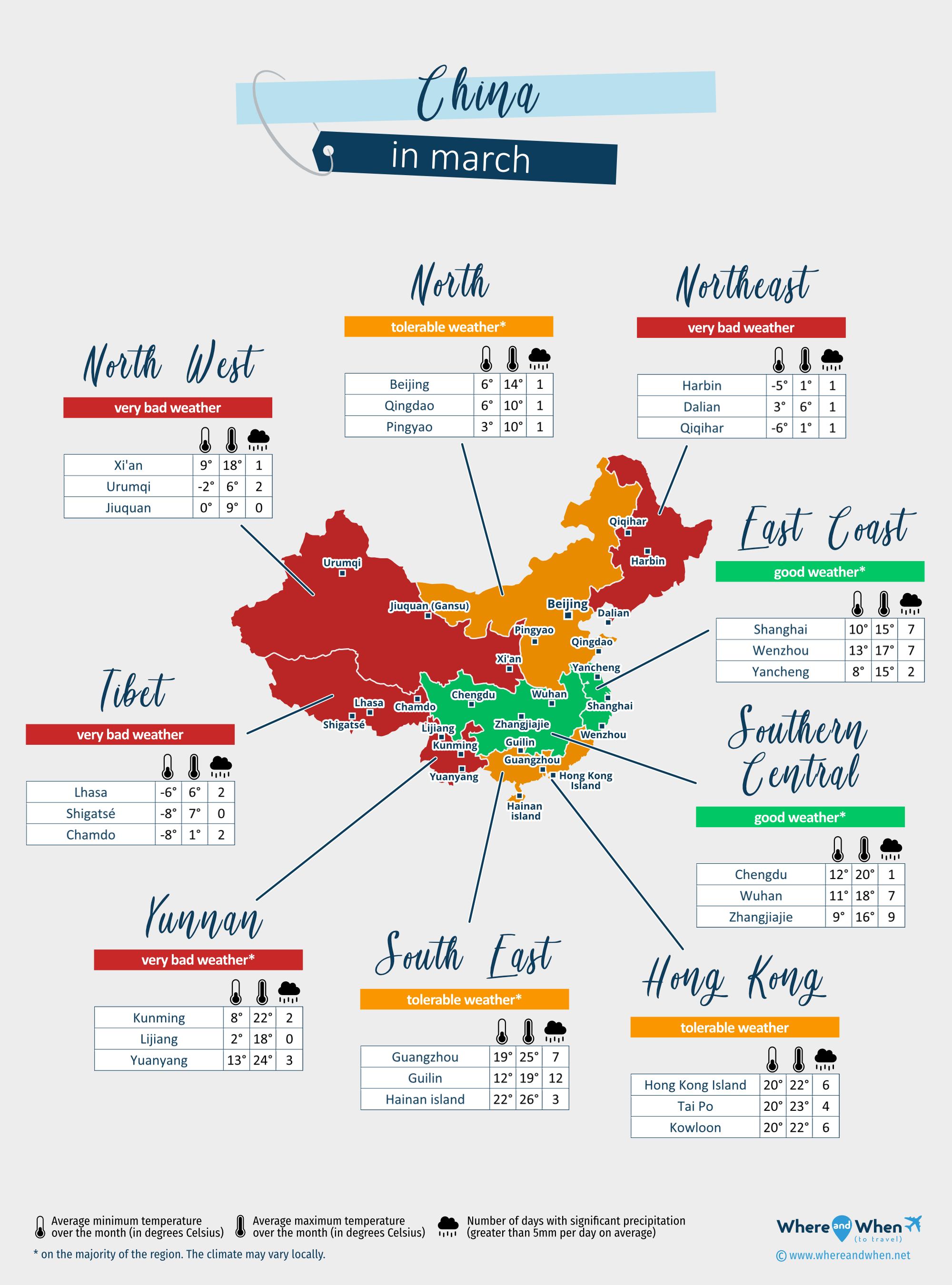 China: weather map in march in different regions