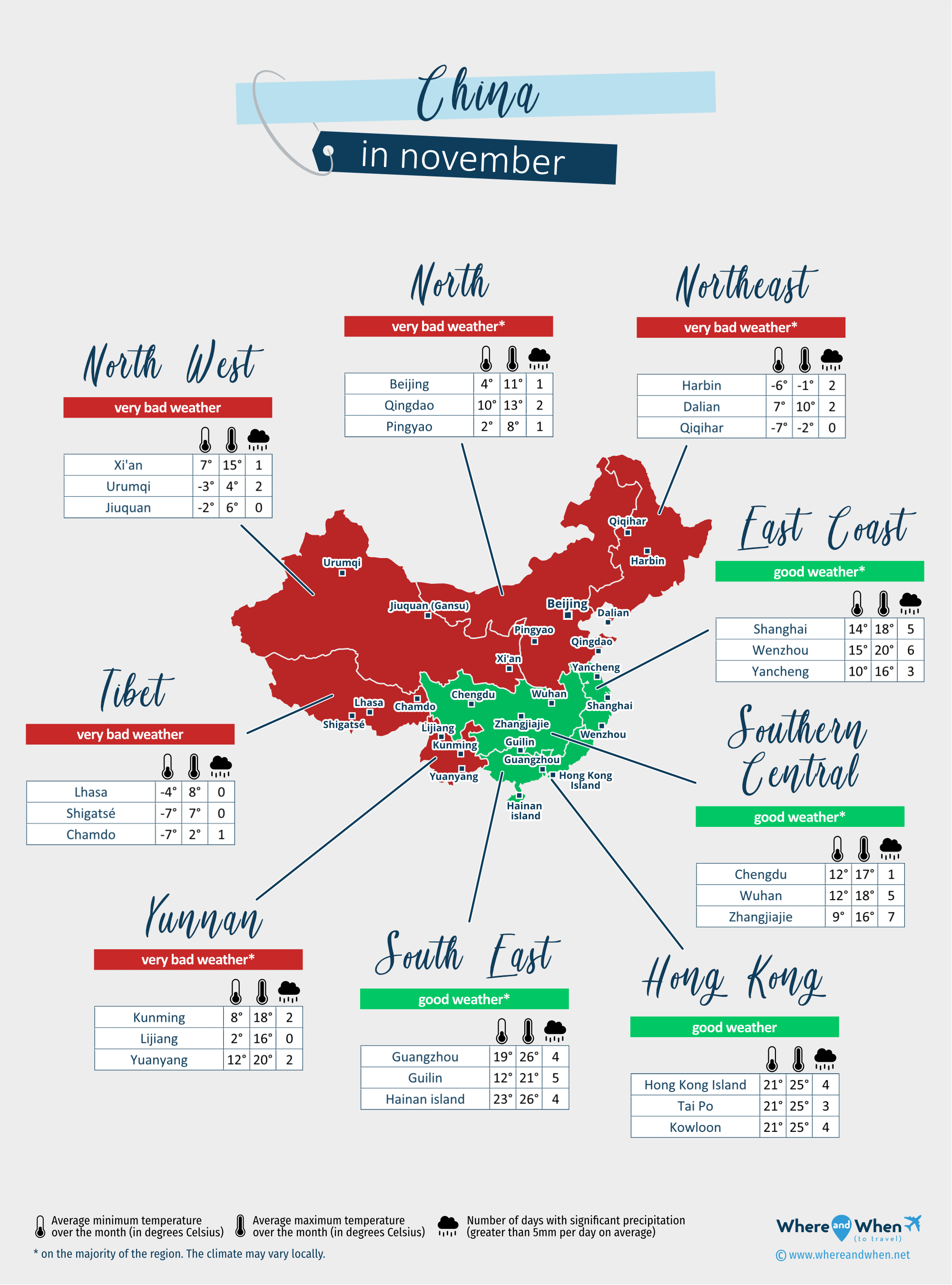 China: weather map in november in different regions