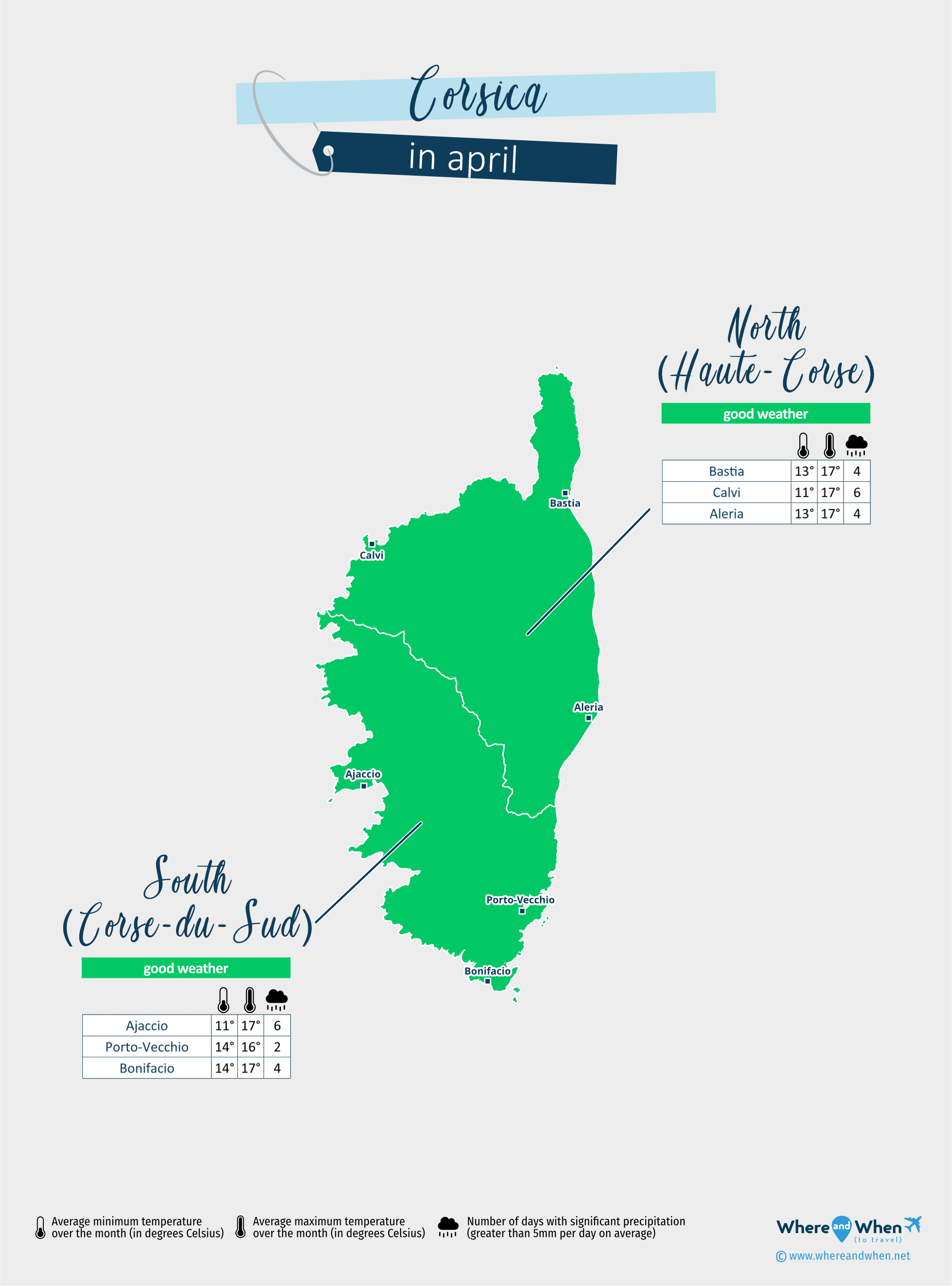 Corsica: weather map in april in different regions