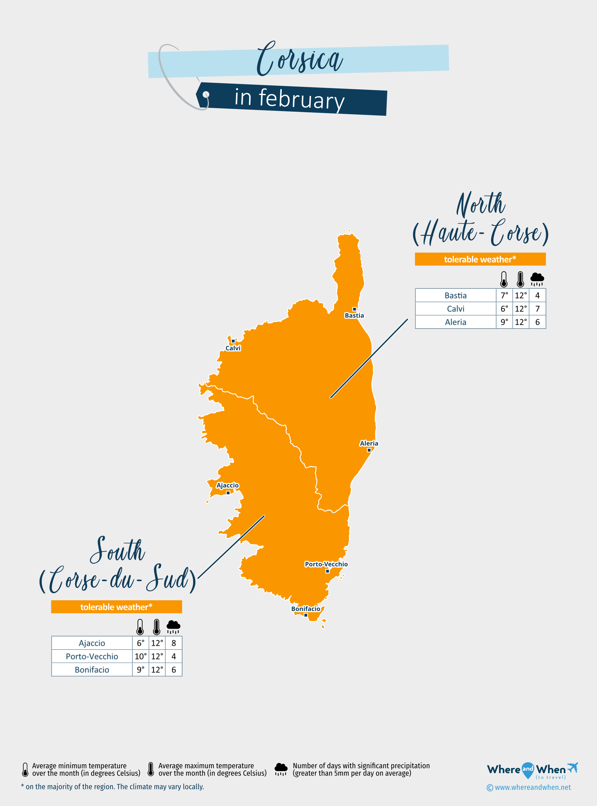 Corsica: weather map in february in different regions