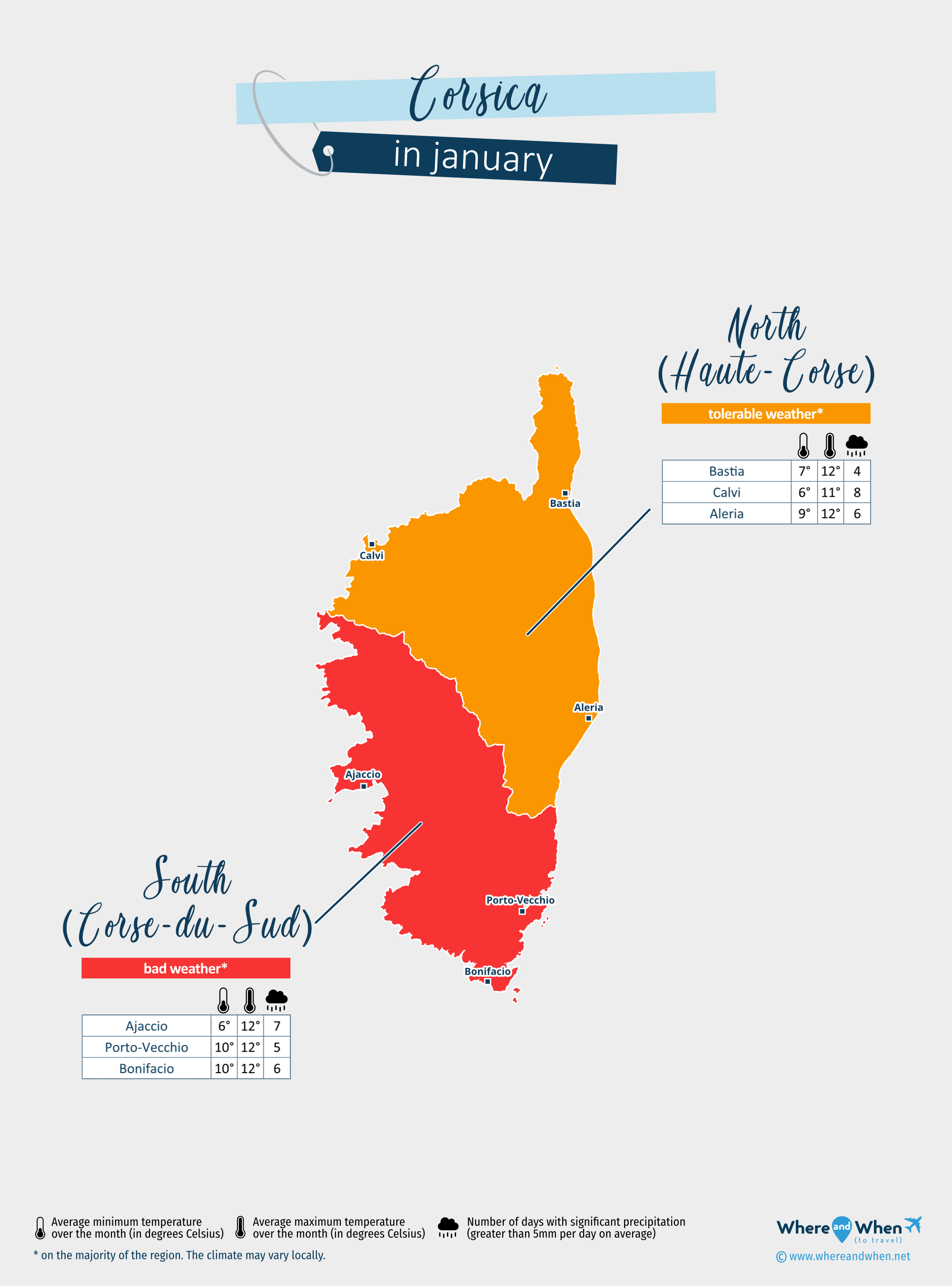 Corsica: weather map in january in different regions