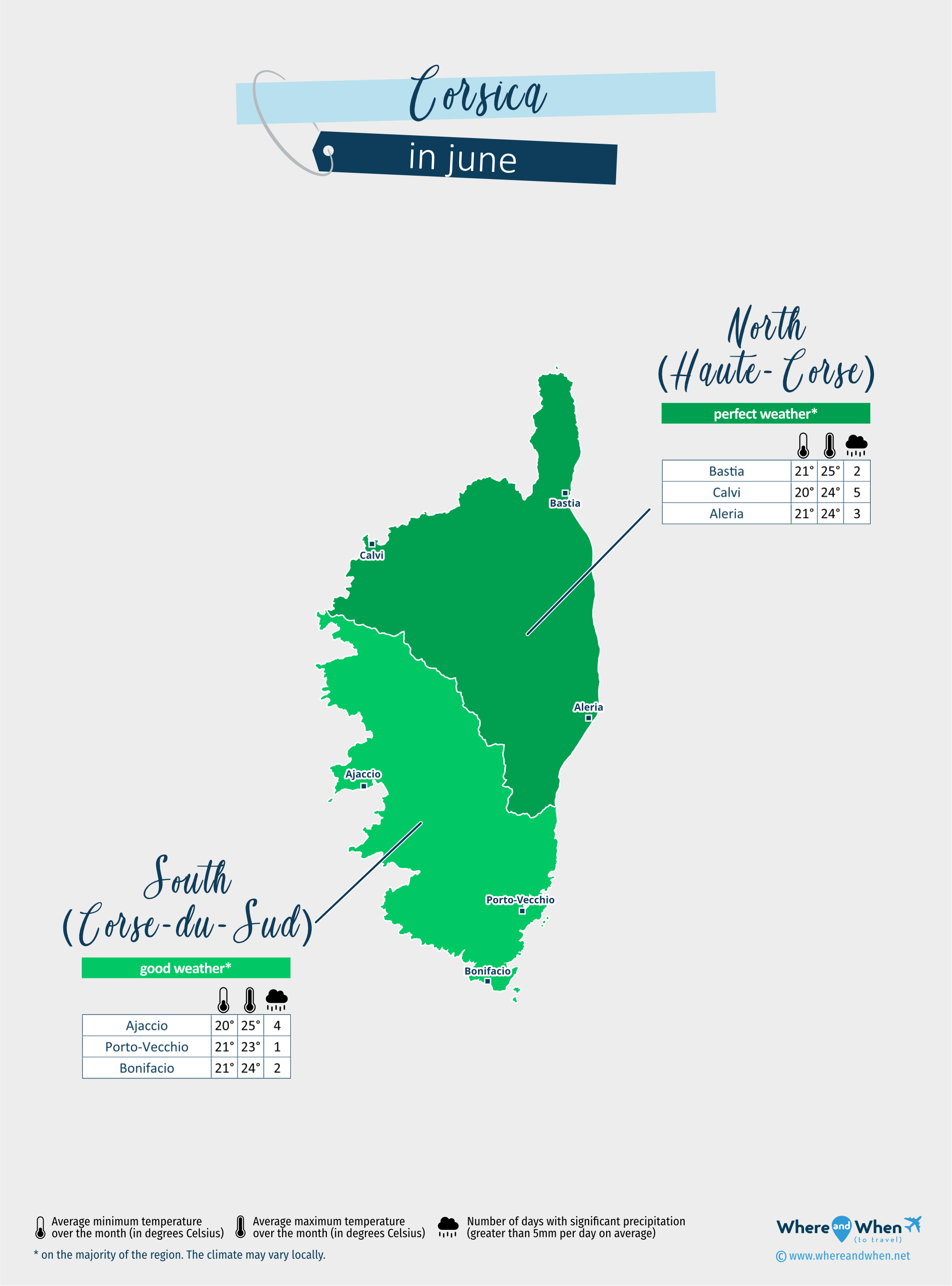 Corsica: weather map in june in different regions