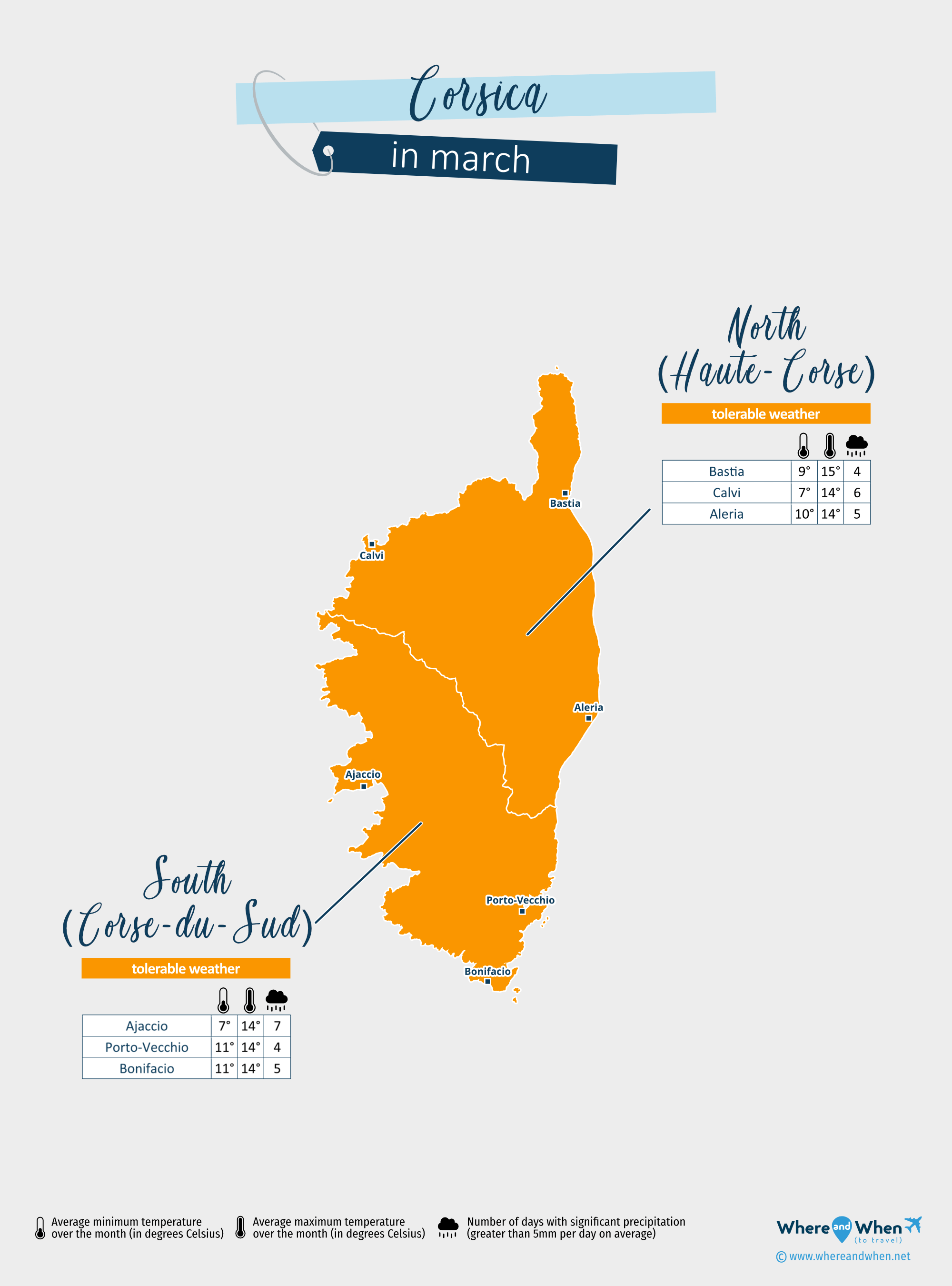 Corsica: weather map in march in different regions