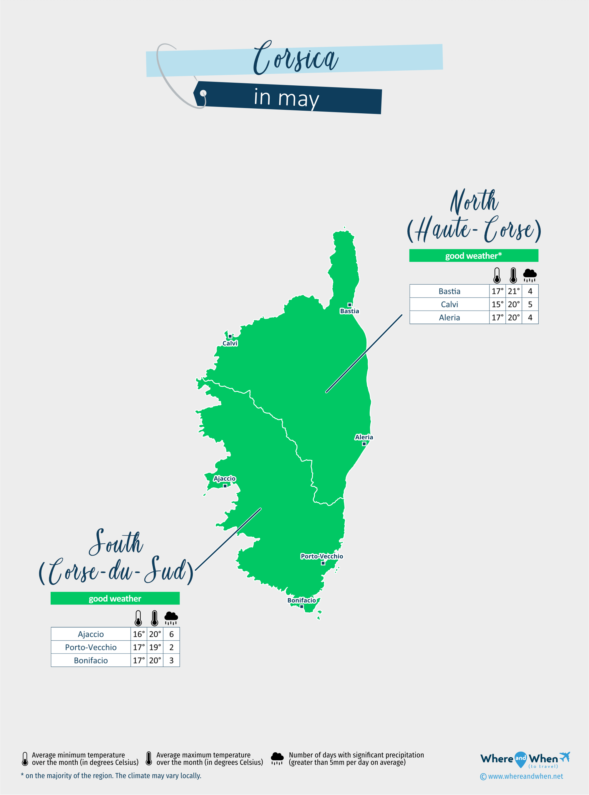 Corsica: weather map in may in different regions