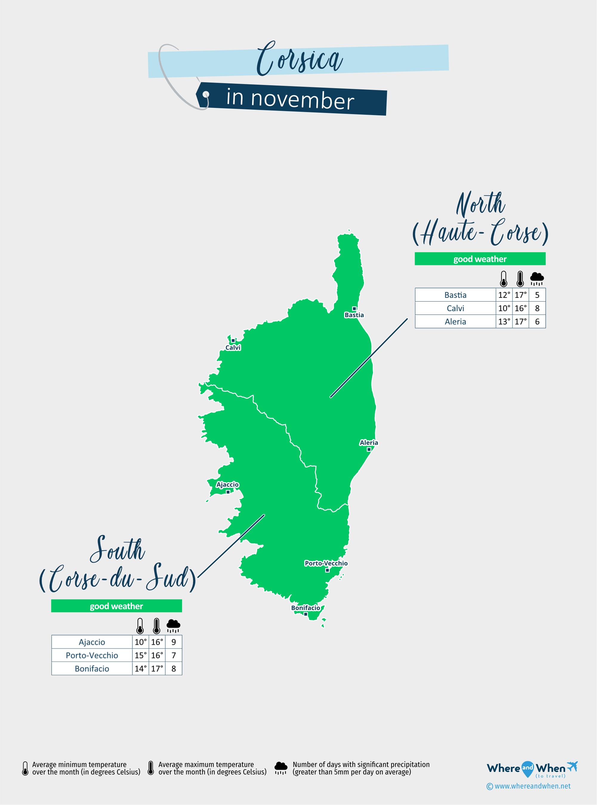 Corsica: weather map in november in different regions