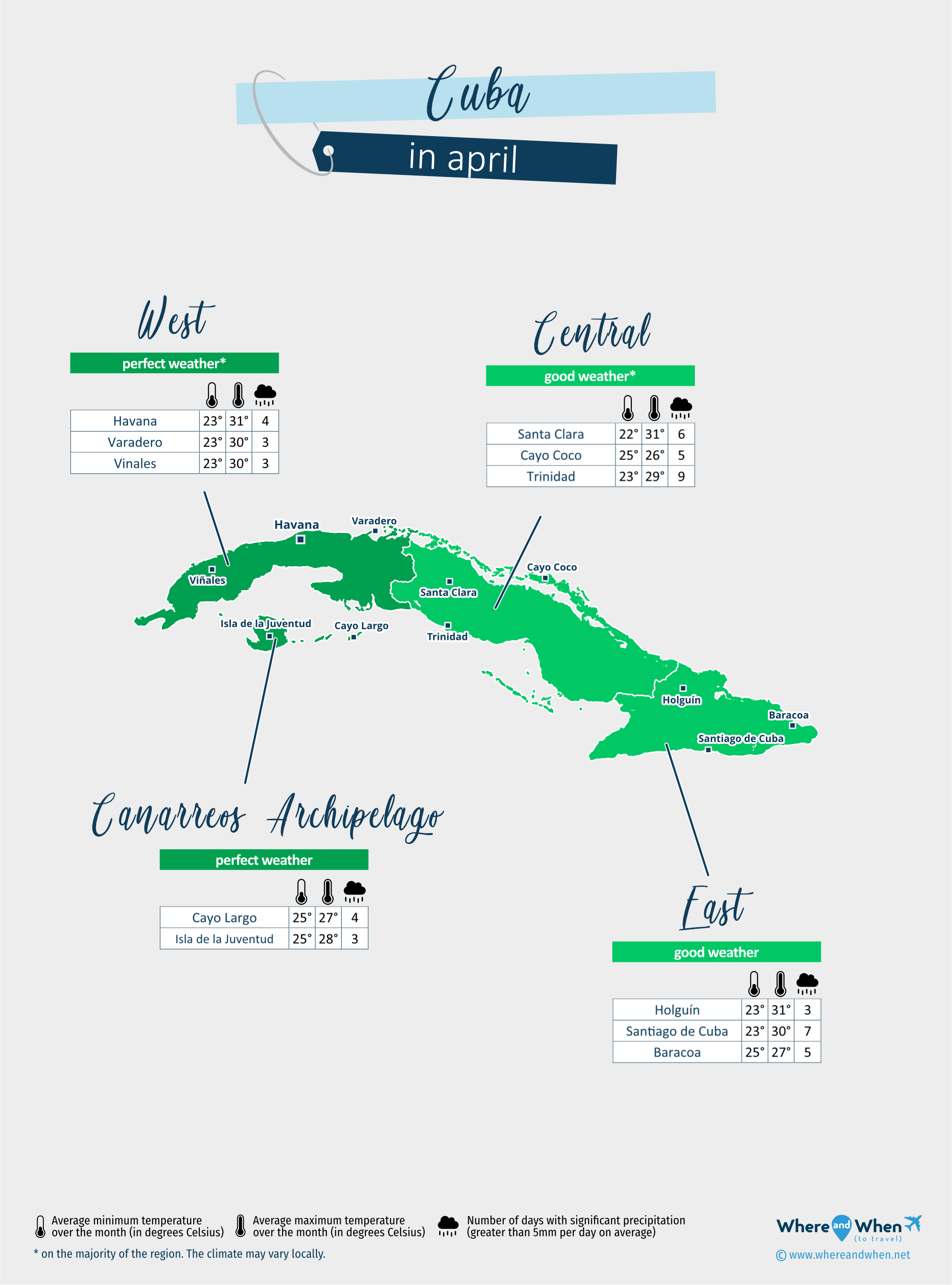 Cuba: weather map in april in different regions