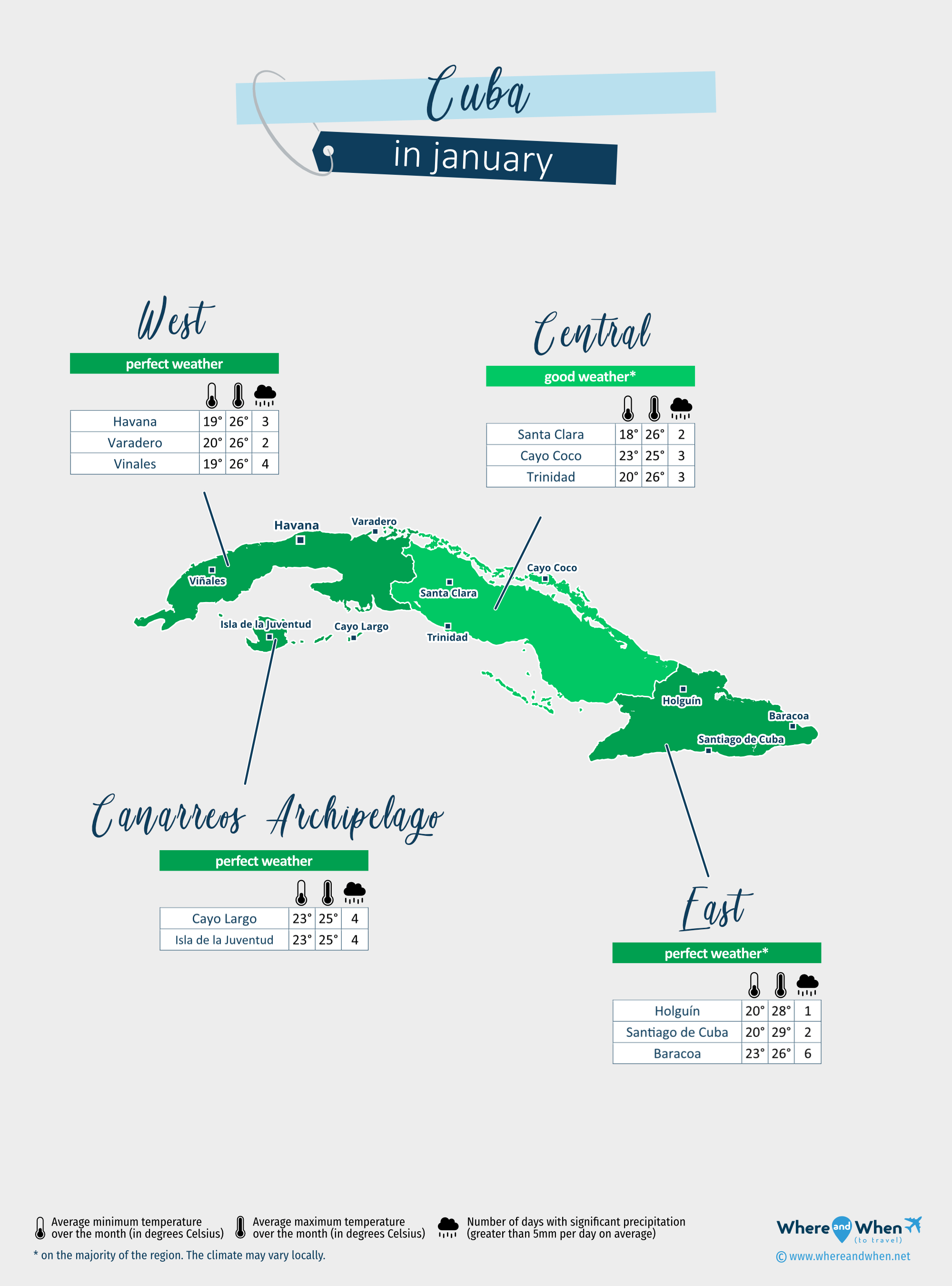 Cuba: weather map in january in different regions
