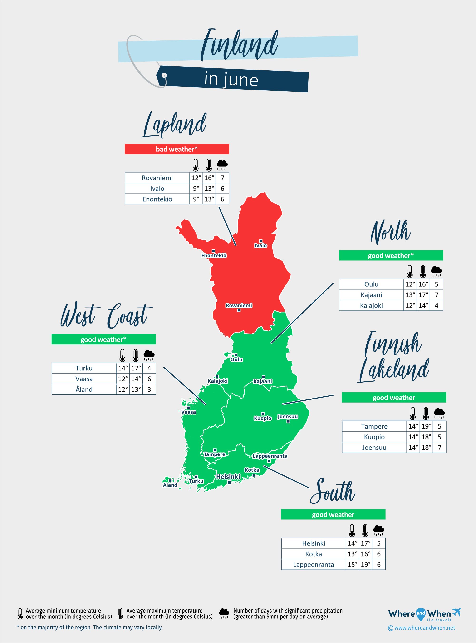 Finland: weather map in june in different regions