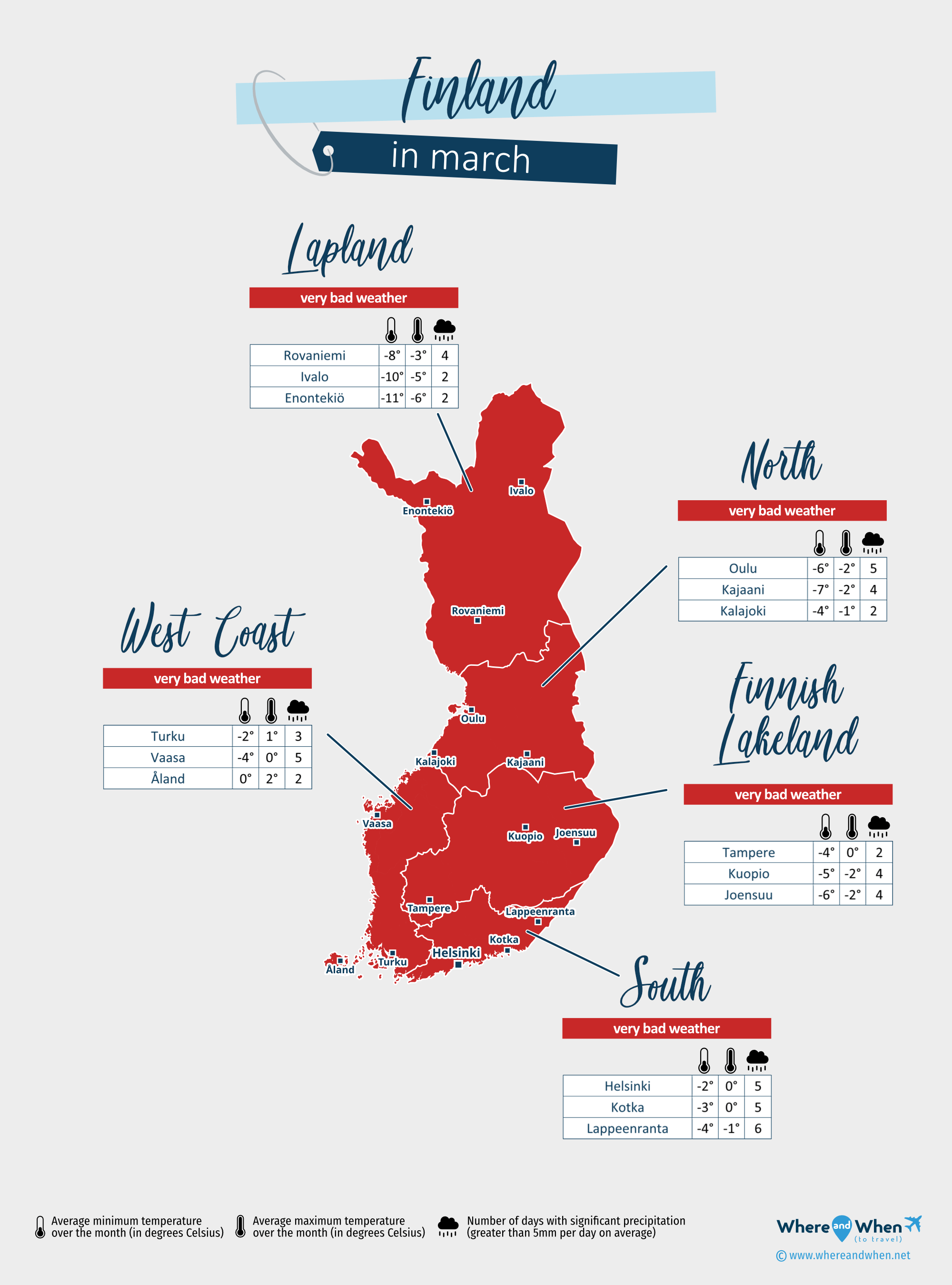 Finland: weather map in march in different regions