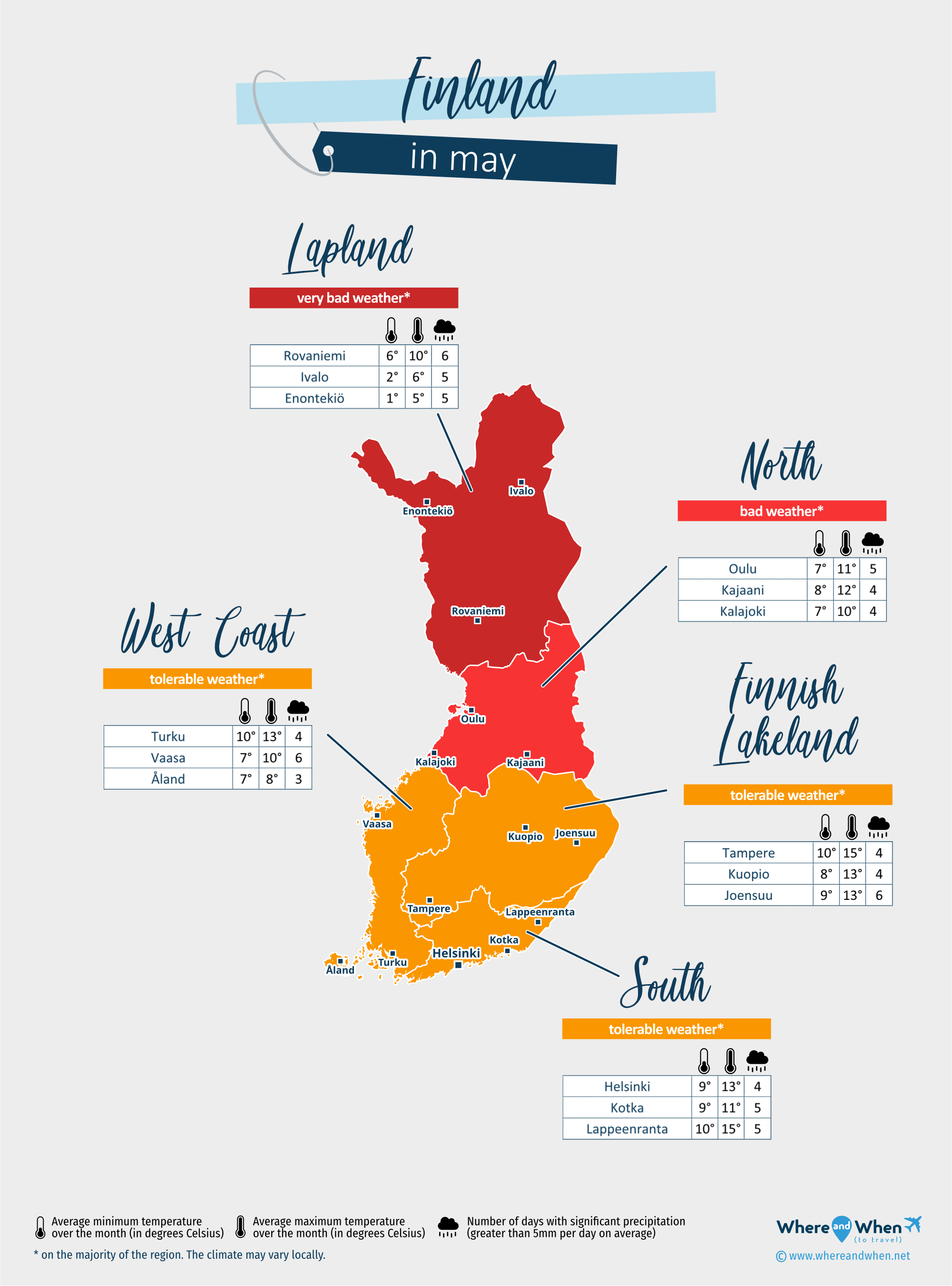 Finland: weather map in may in different regions