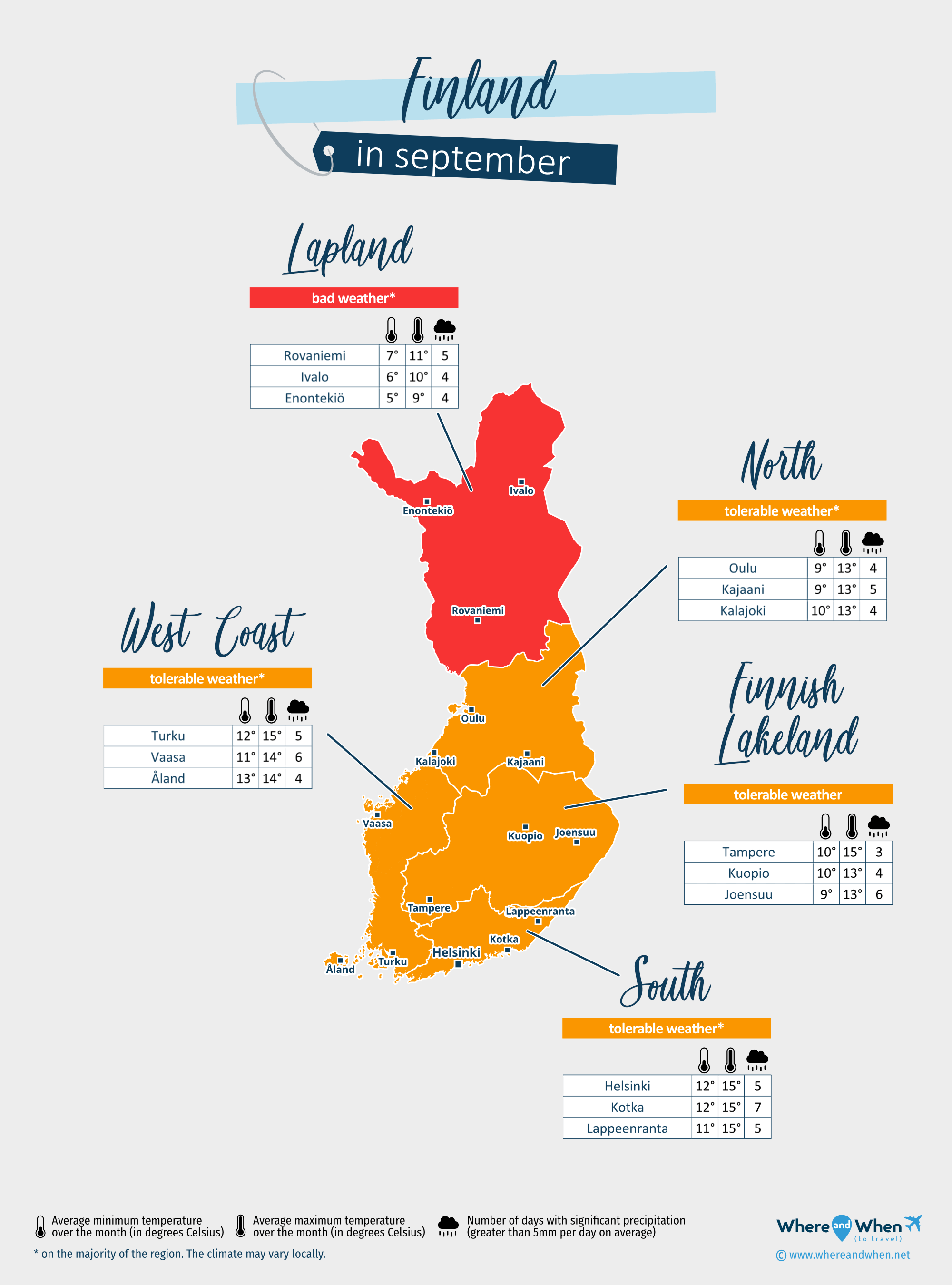 Finland: weather map in september in different regions