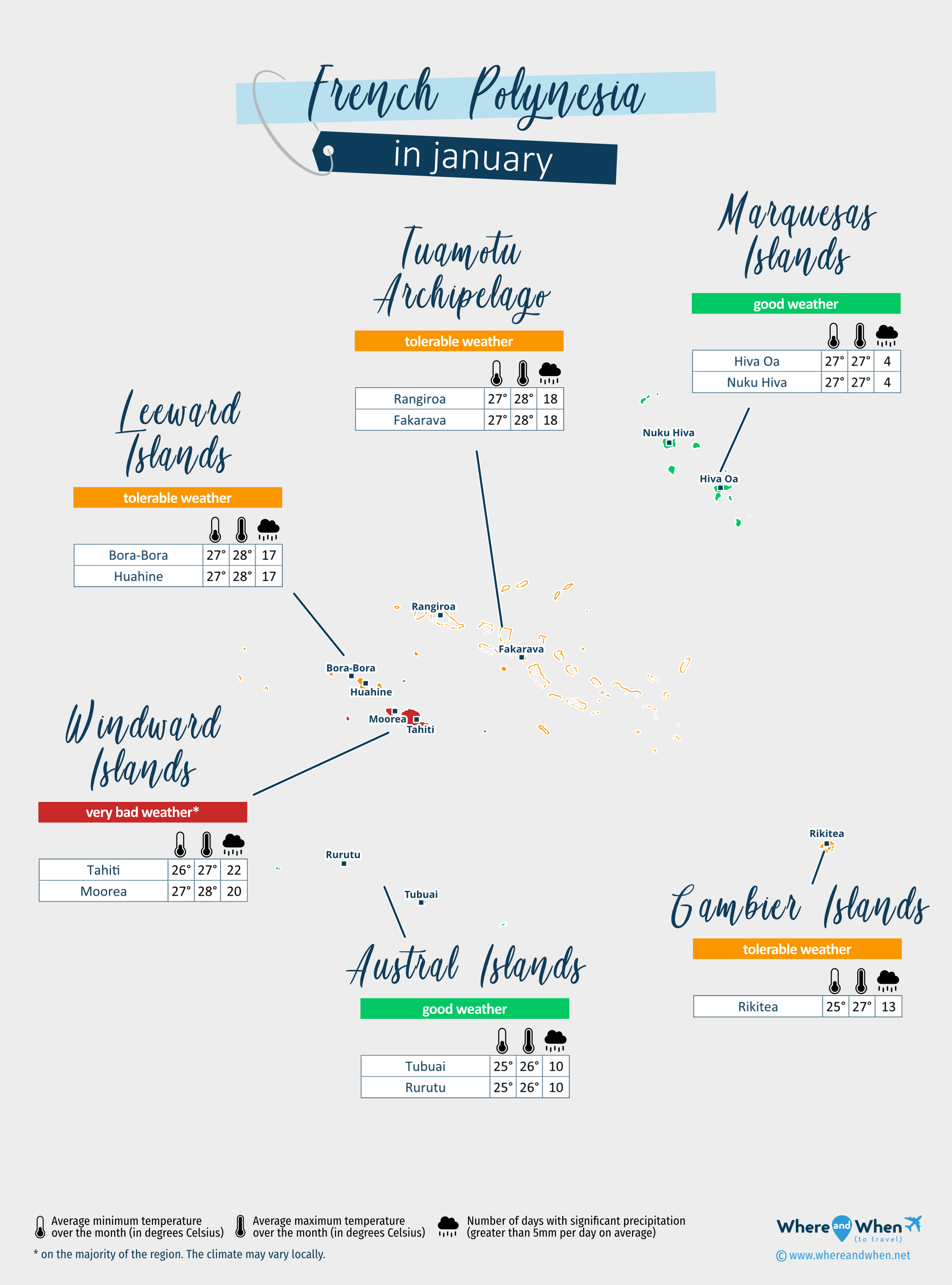 French Polynesia: weather map in january in different regions