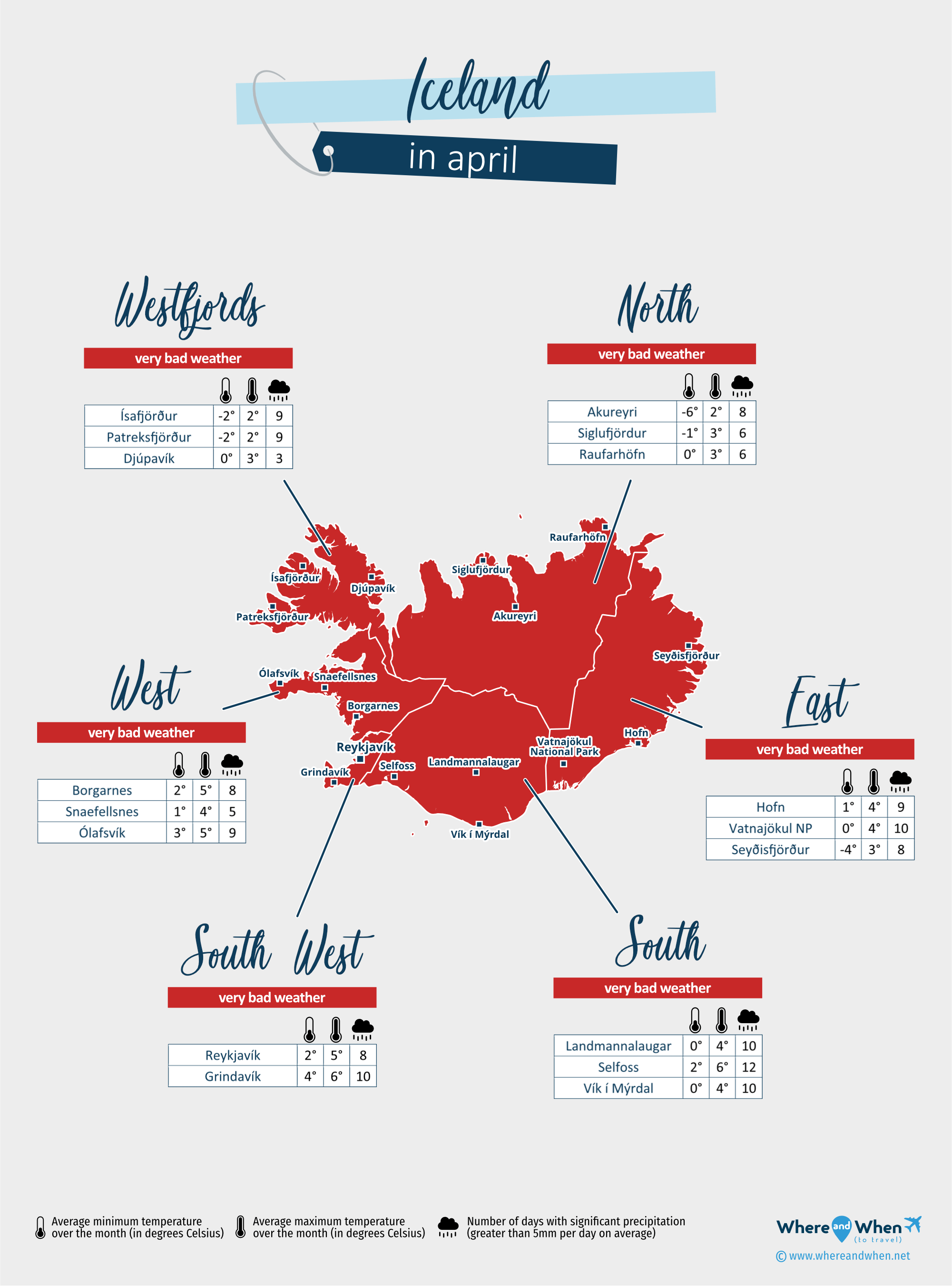 Iceland: weather map in april in different regions