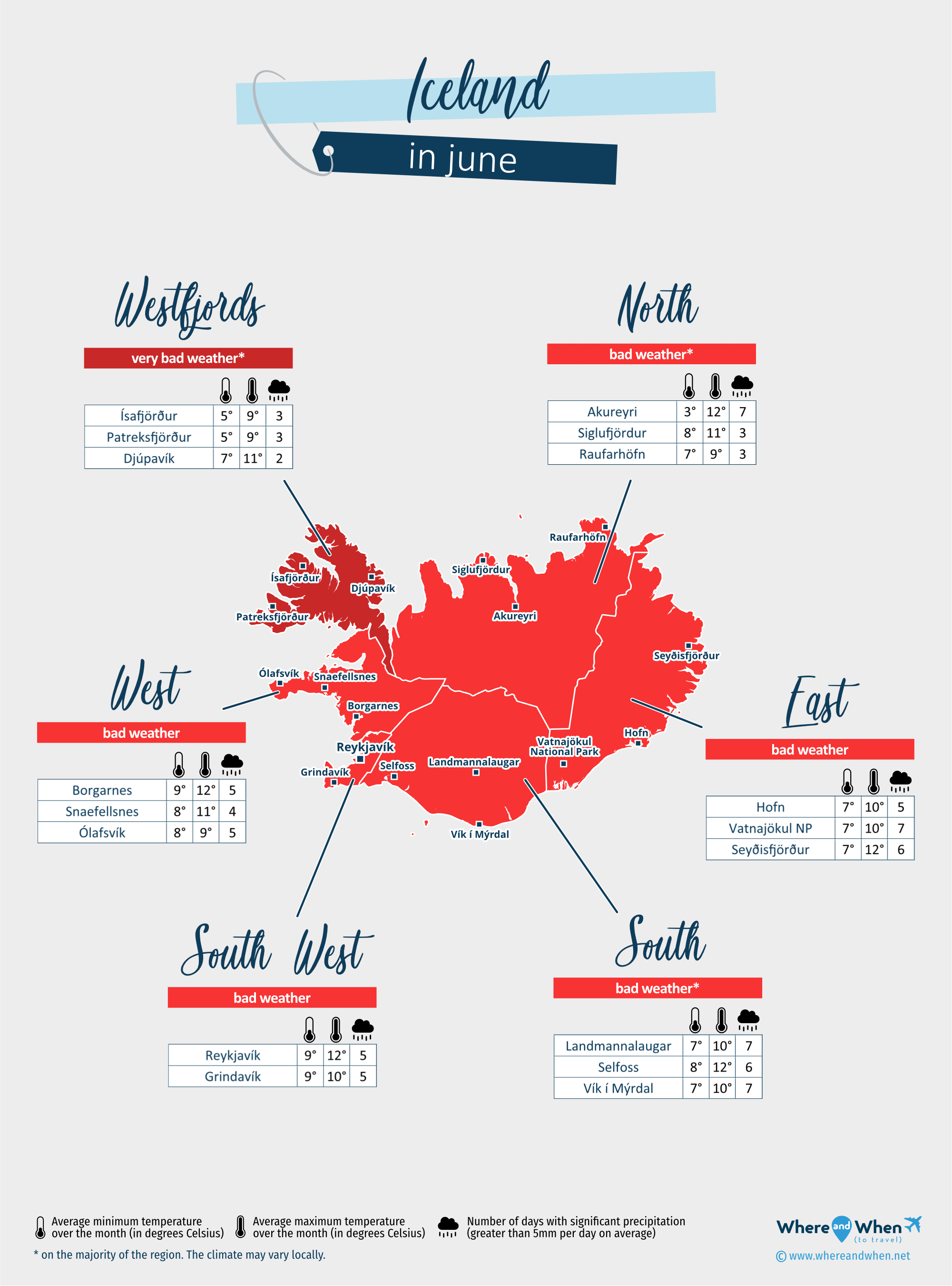 Iceland: weather map in june in different regions