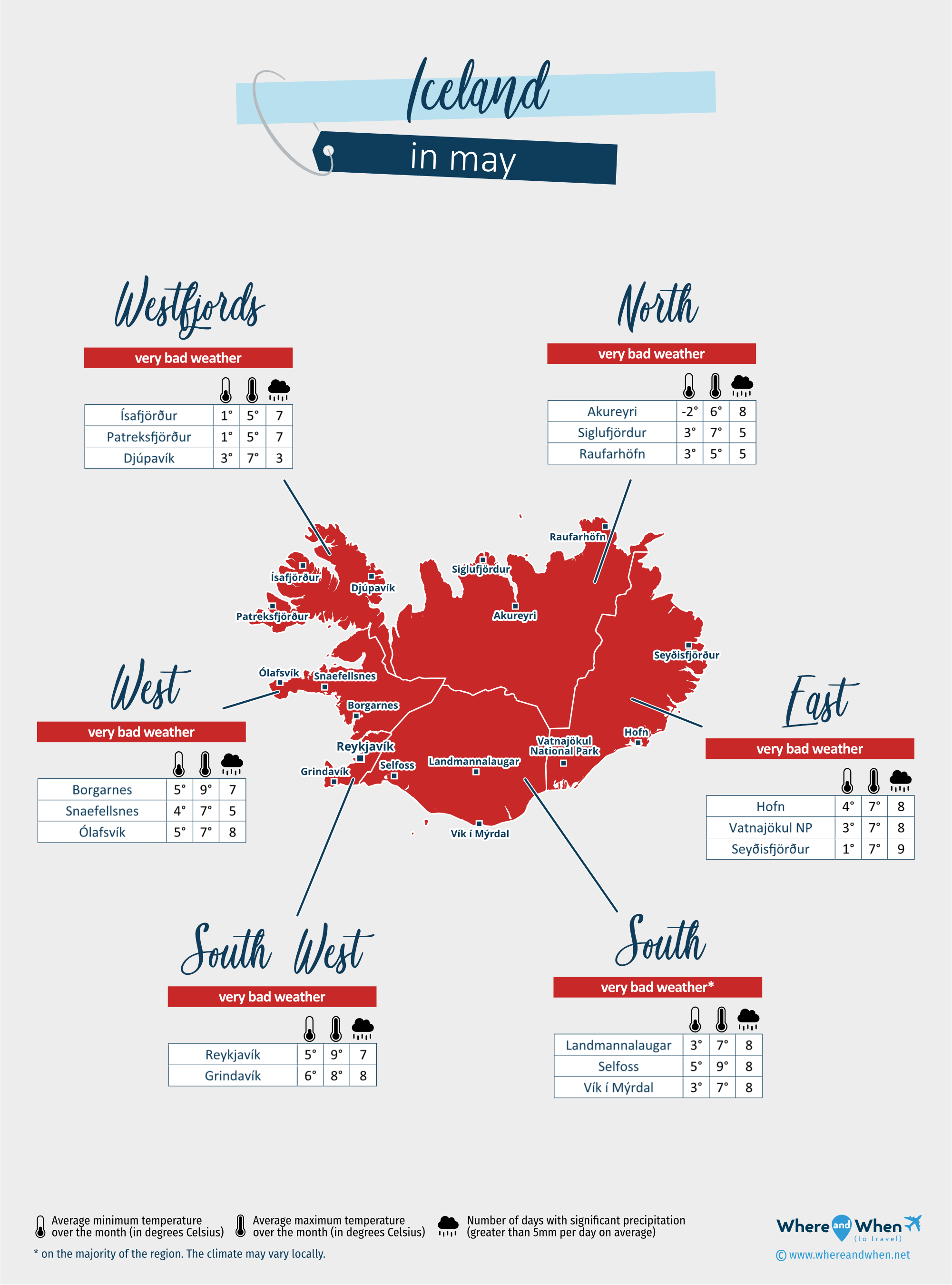 Iceland: weather map in may in different regions