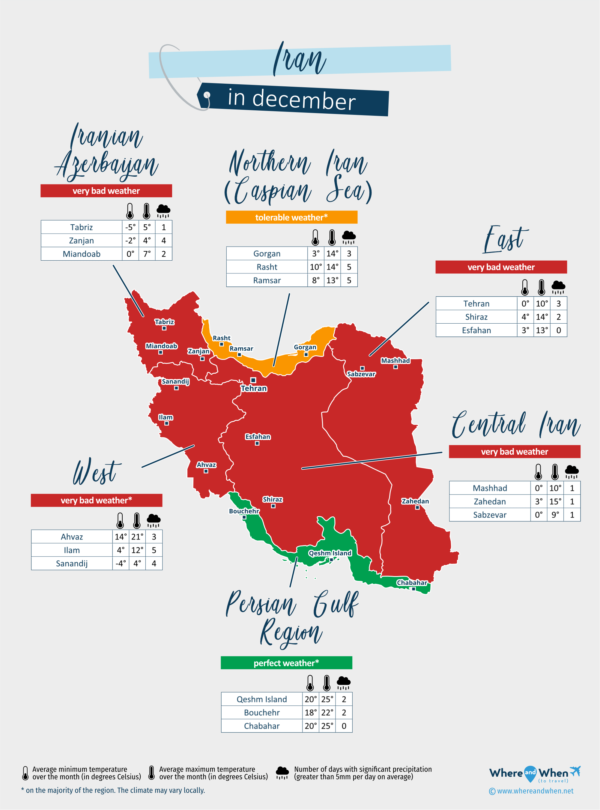Iran: weather map in december in different regions