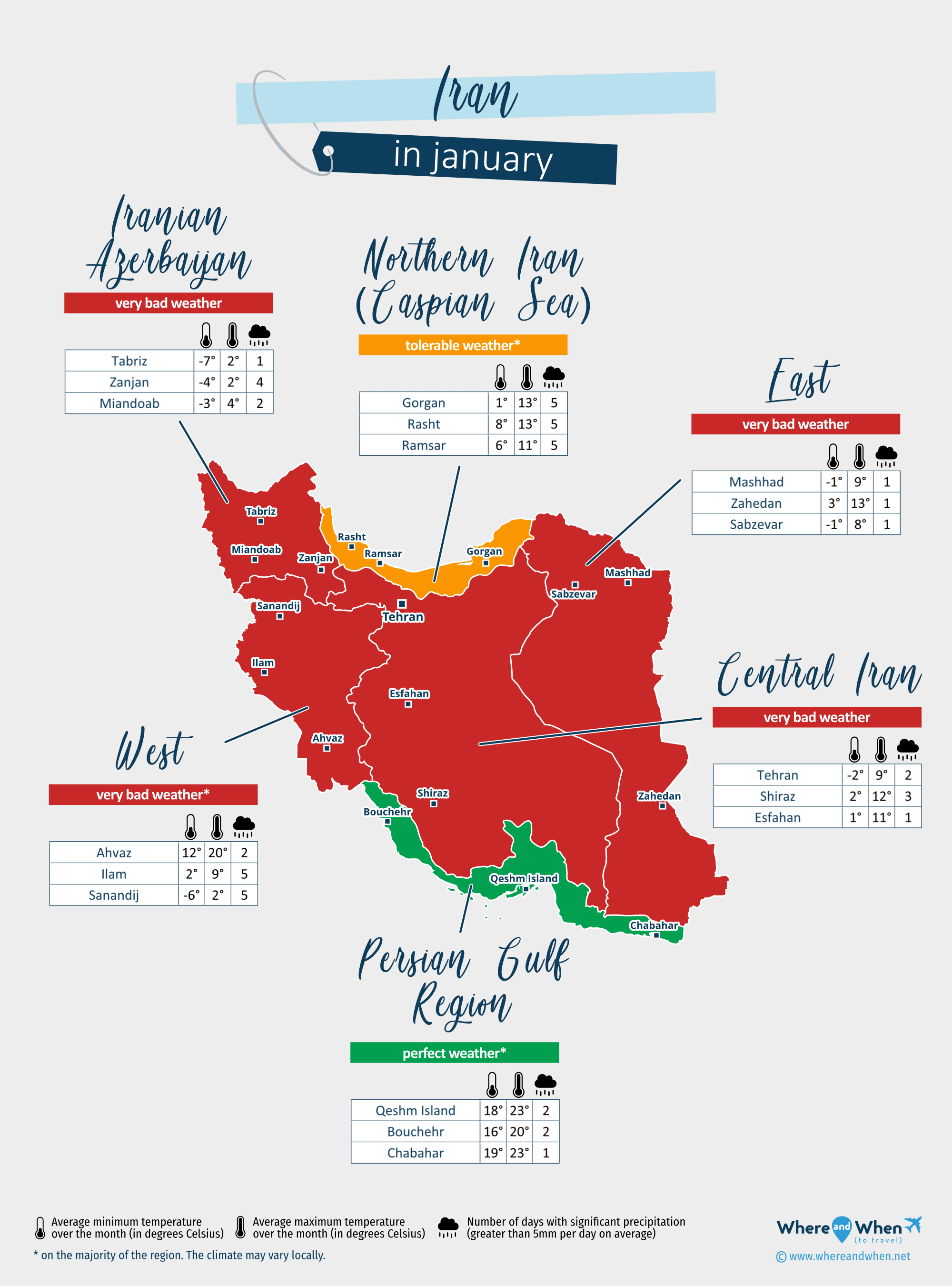Iran: weather map in january in different regions