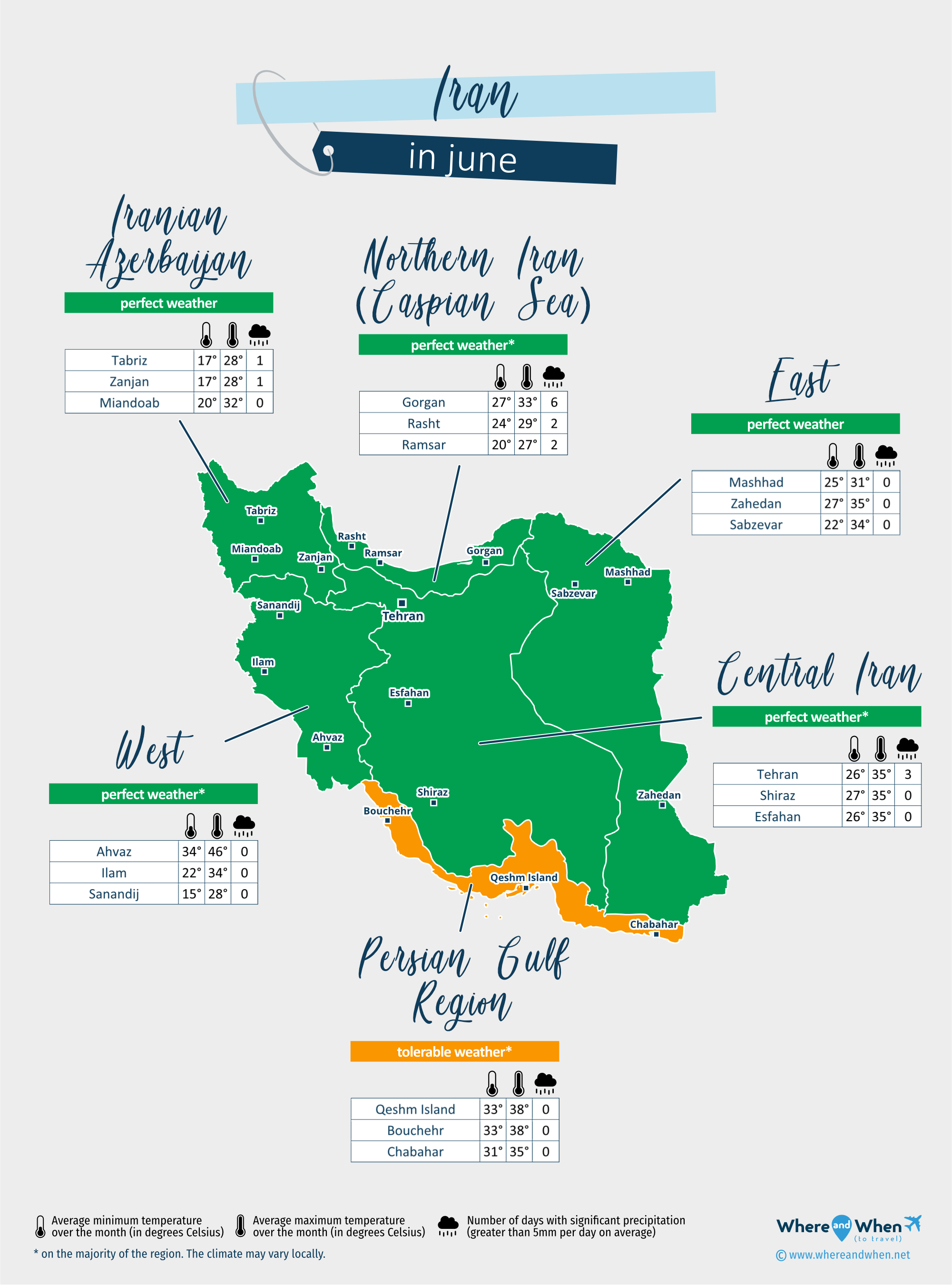 Iran: weather map in june in different regions