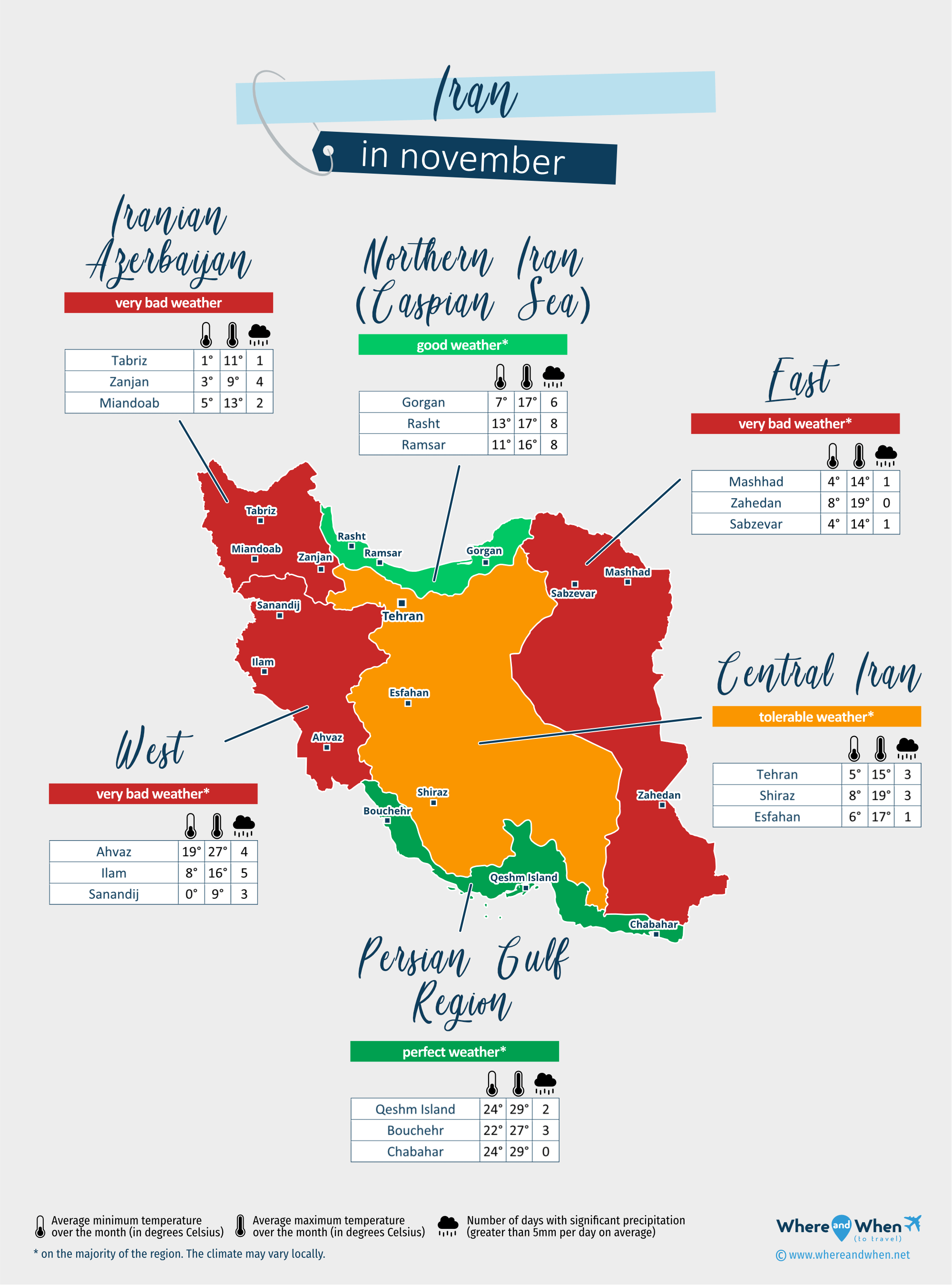 Iran: weather map in november in different regions