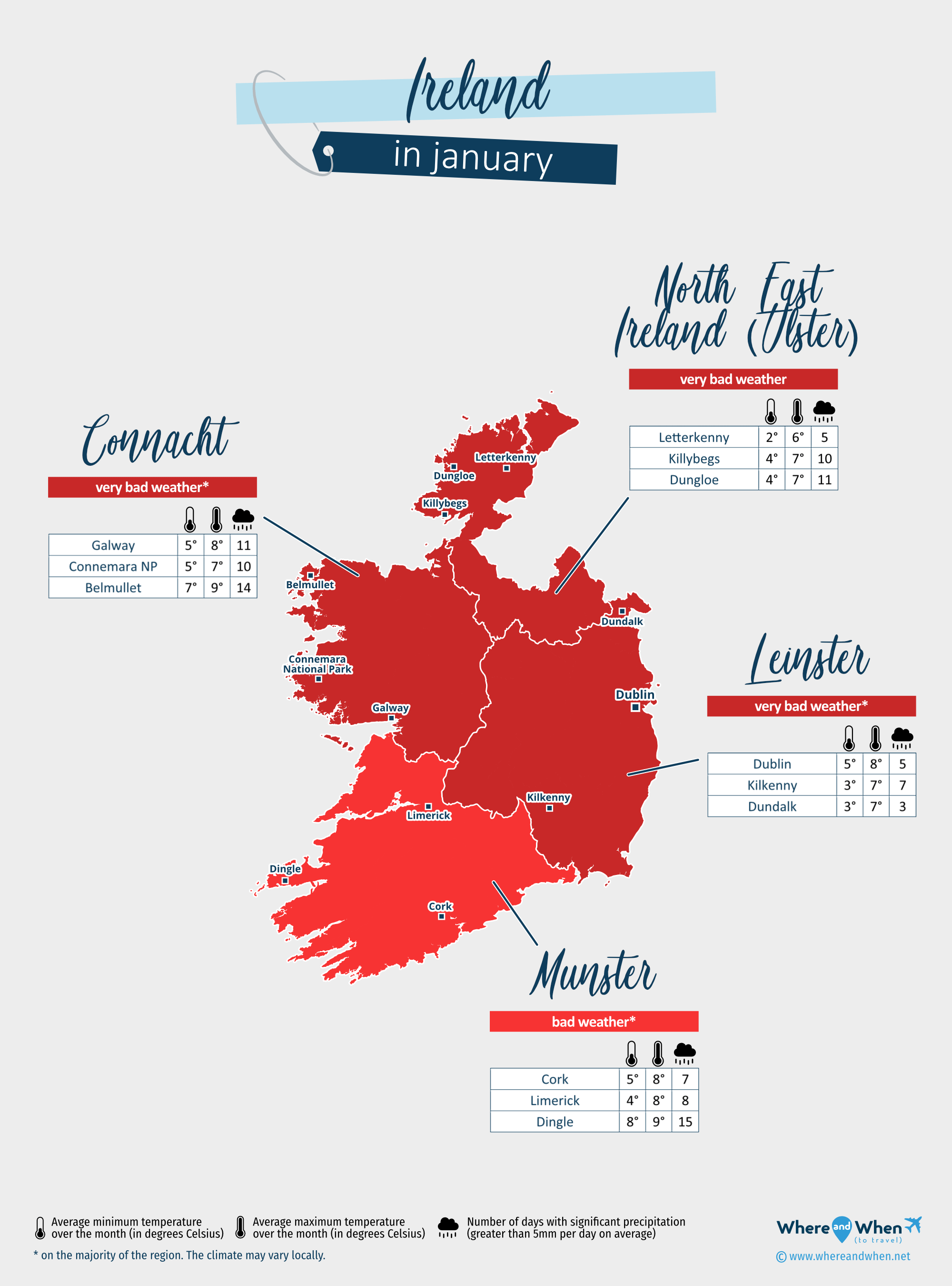Ireland: weather map in january in different regions