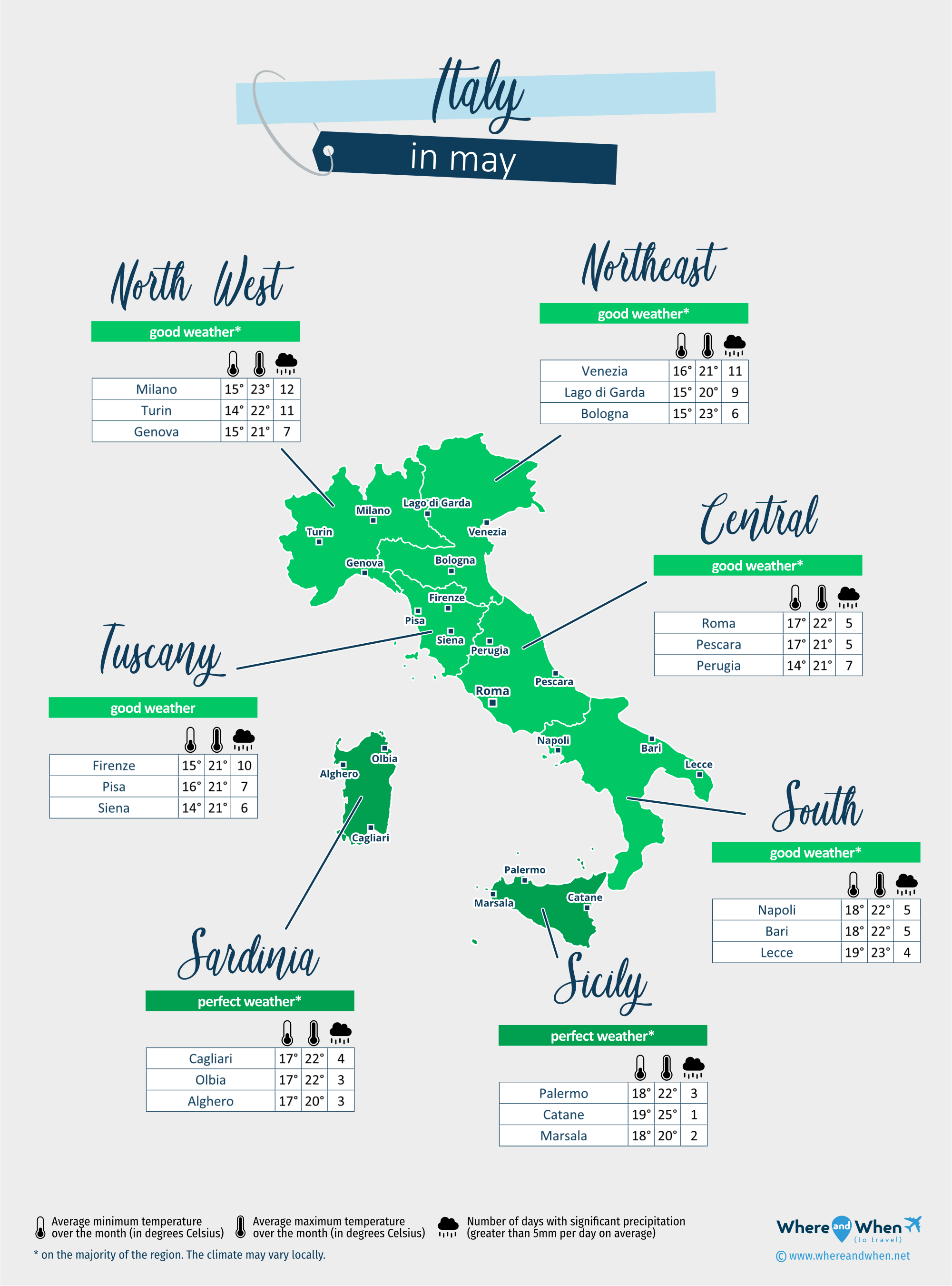 Italy: weather map in may in different regions