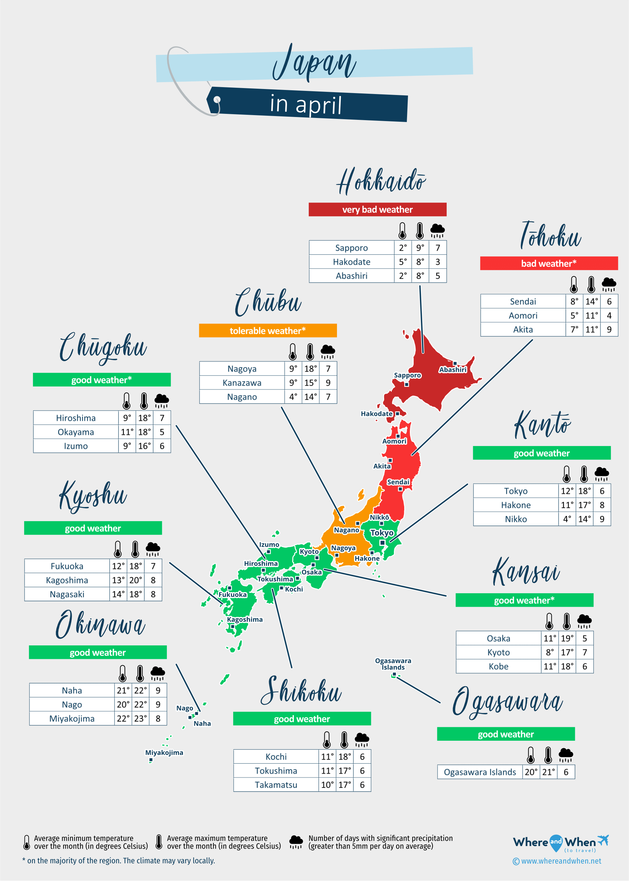 Japan: weather map in april in different regions