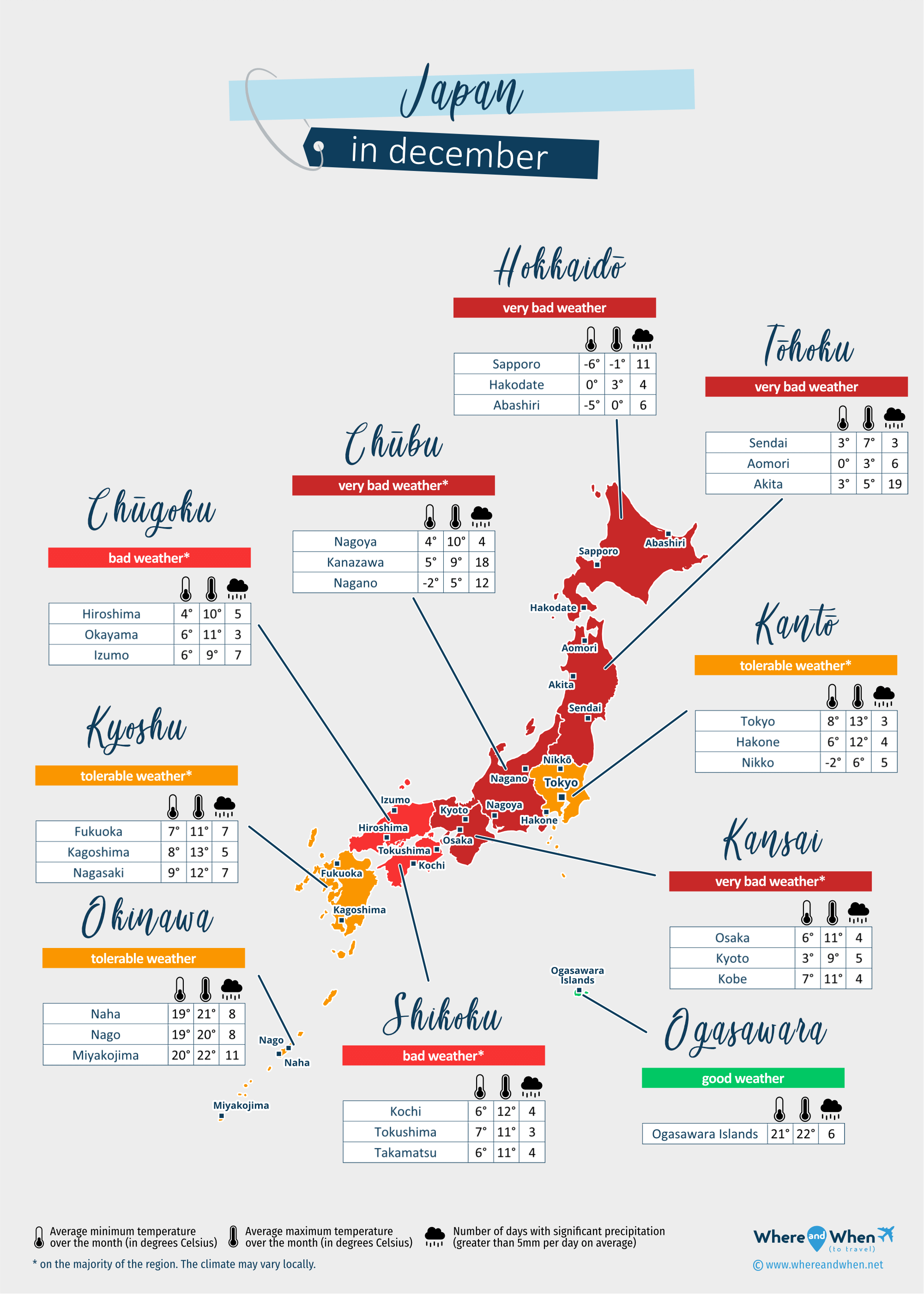 Japan: weather map in december in different regions