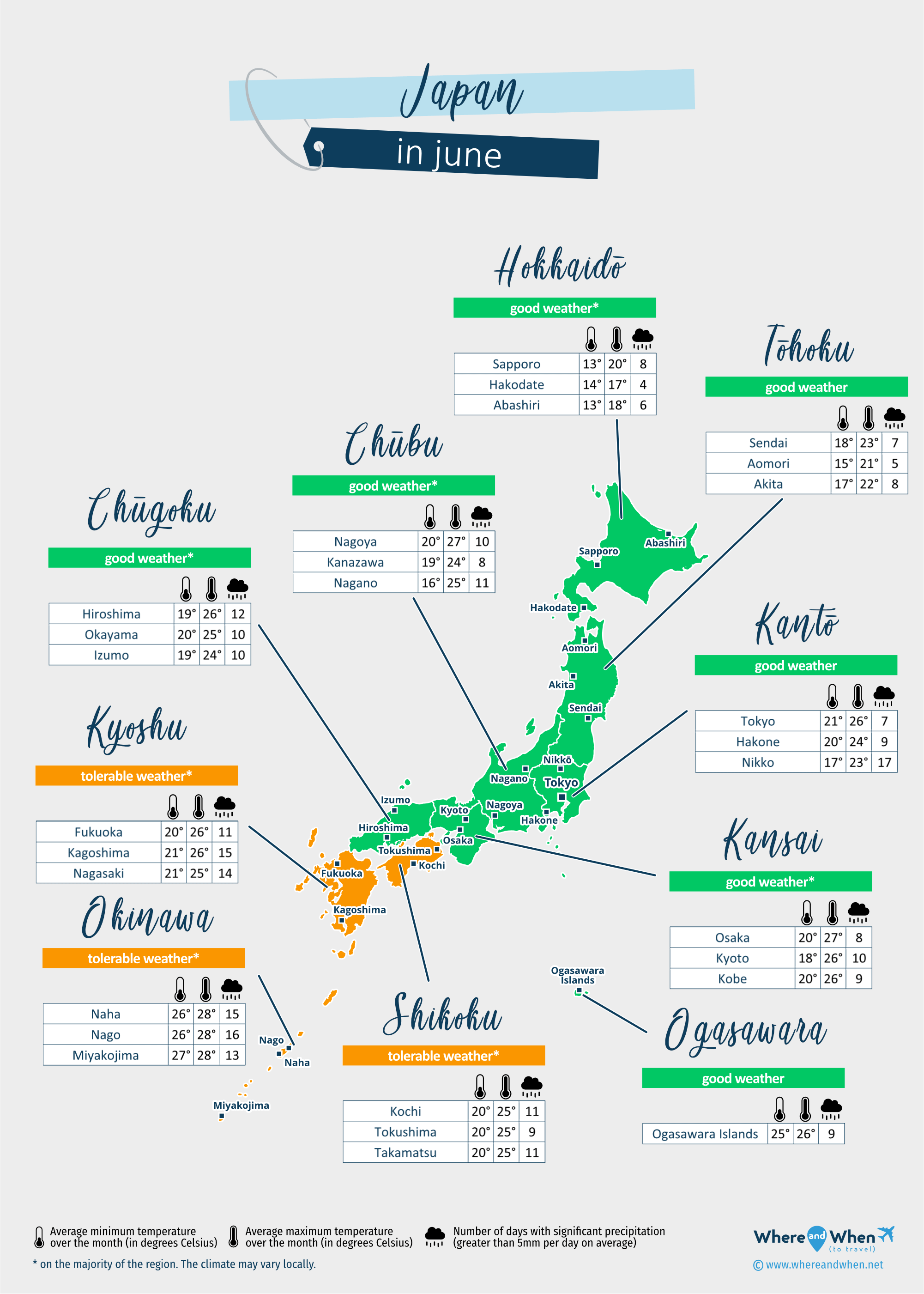 Japan: weather map in june in different regions