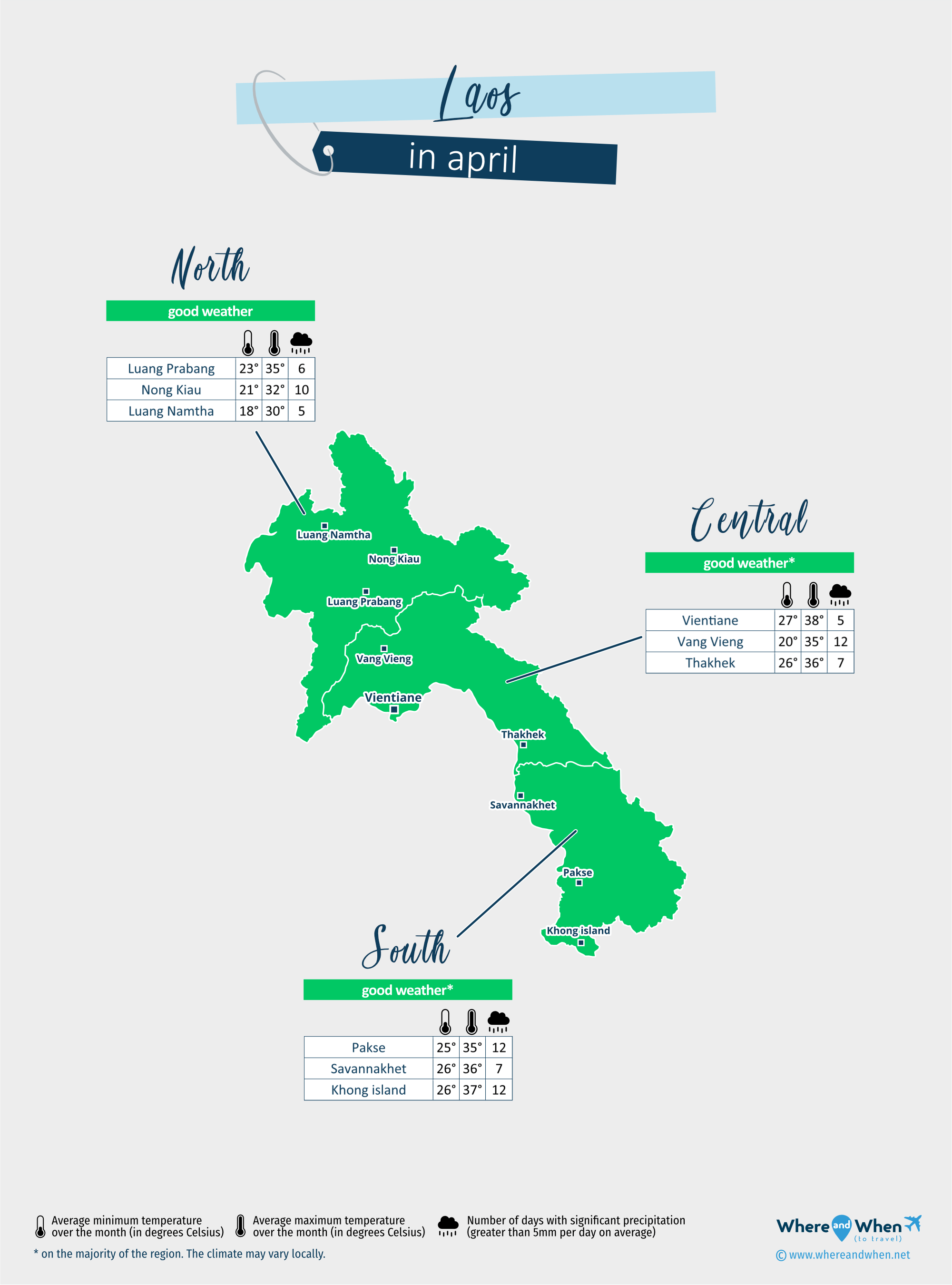 Laos: weather map in april in different regions