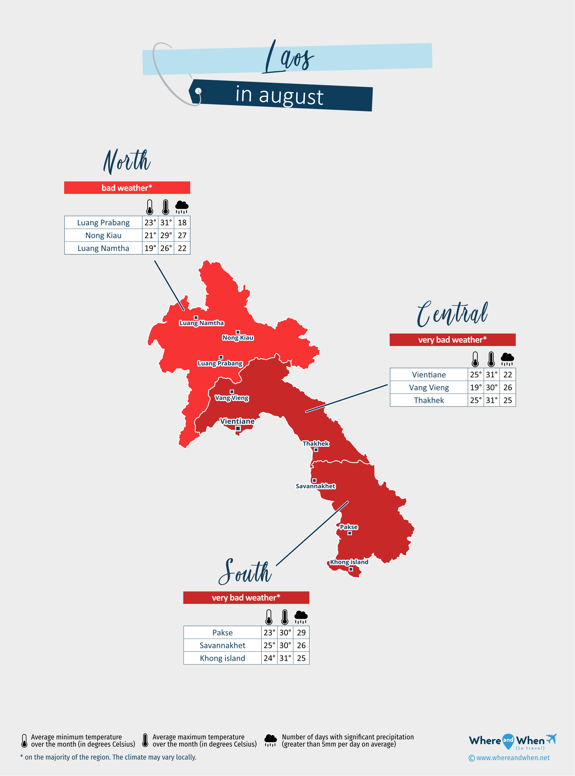 Laos: weather map in august in different regions