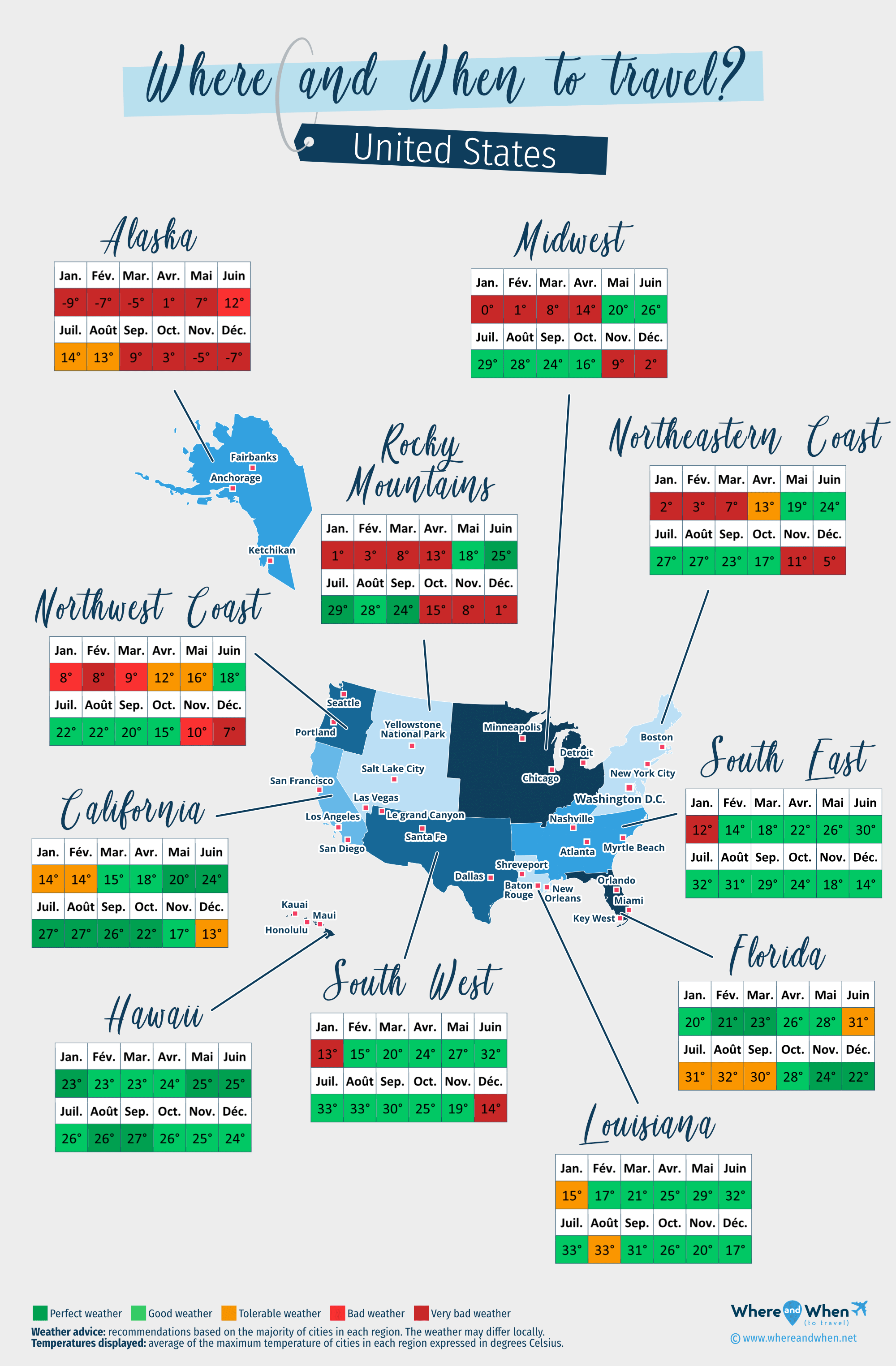 Map of the best times to visit United States