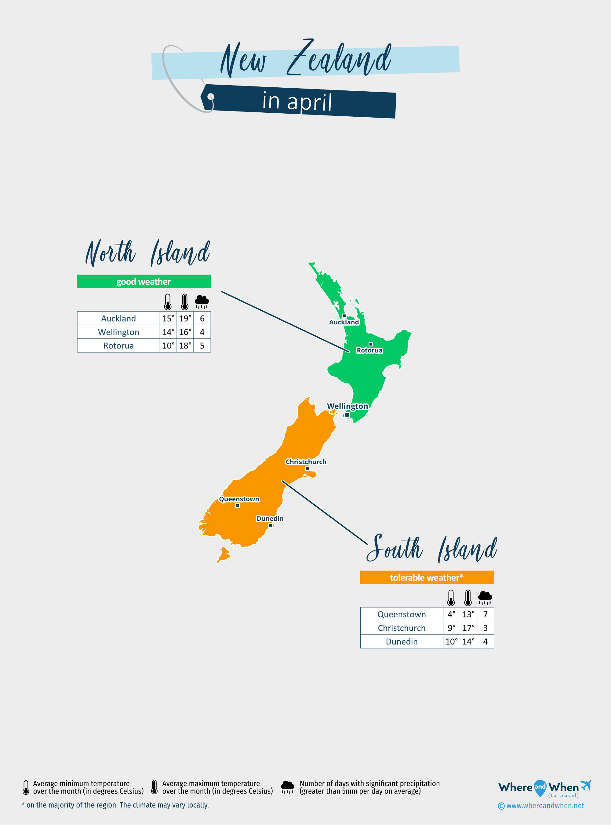 New Zealand: weather map in april in different regions