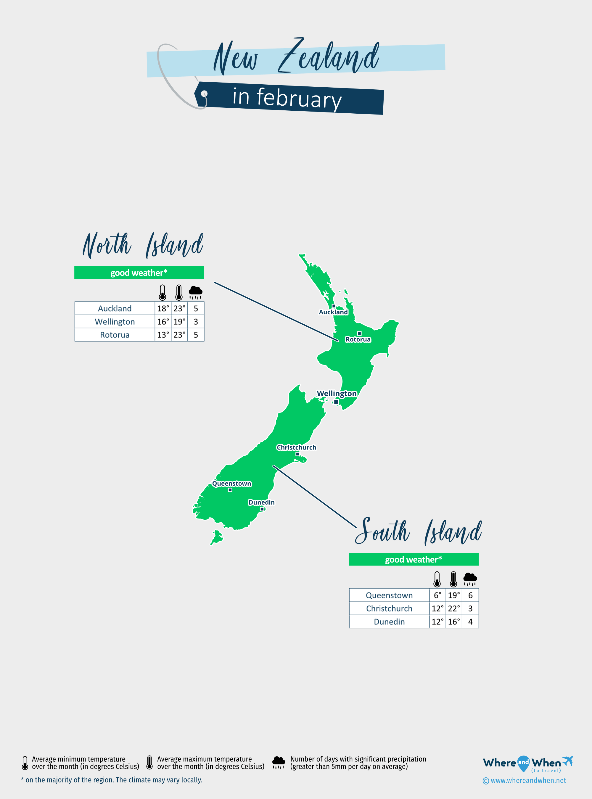 New Zealand: weather map in february in different regions